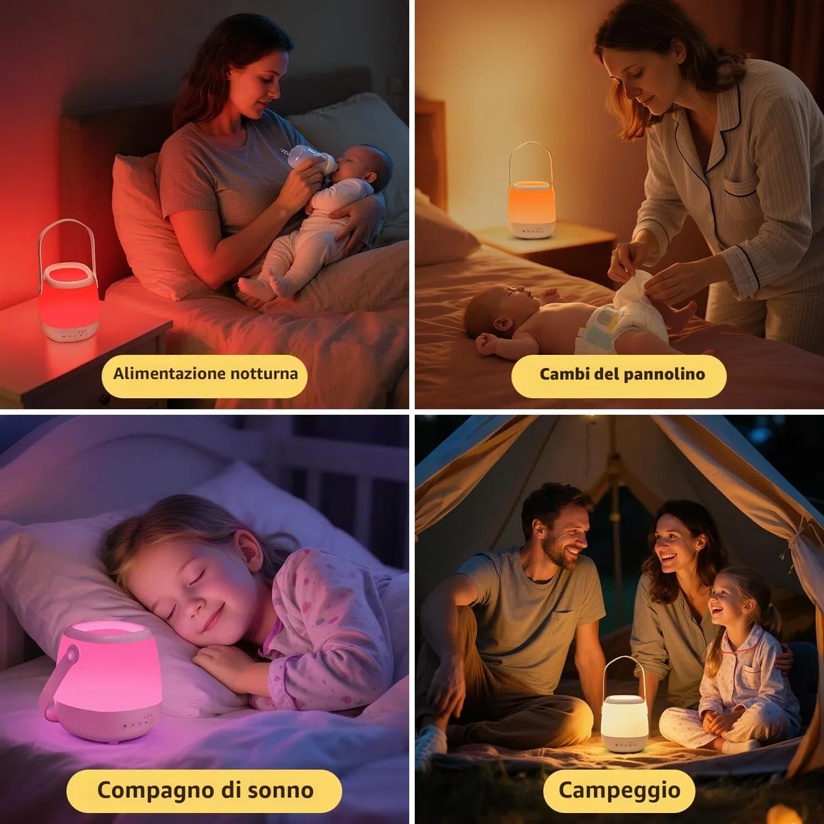 One Fire Lampada da Comodino, 16 Colori 5 Luminosità Luce Notturna Neonato,16 Rumore Bianco 6 Lullaby Lampade da Comodino, Telecomando Timer Lampada Notturna Bambini,USB Ricaricabile Lampada Comodino