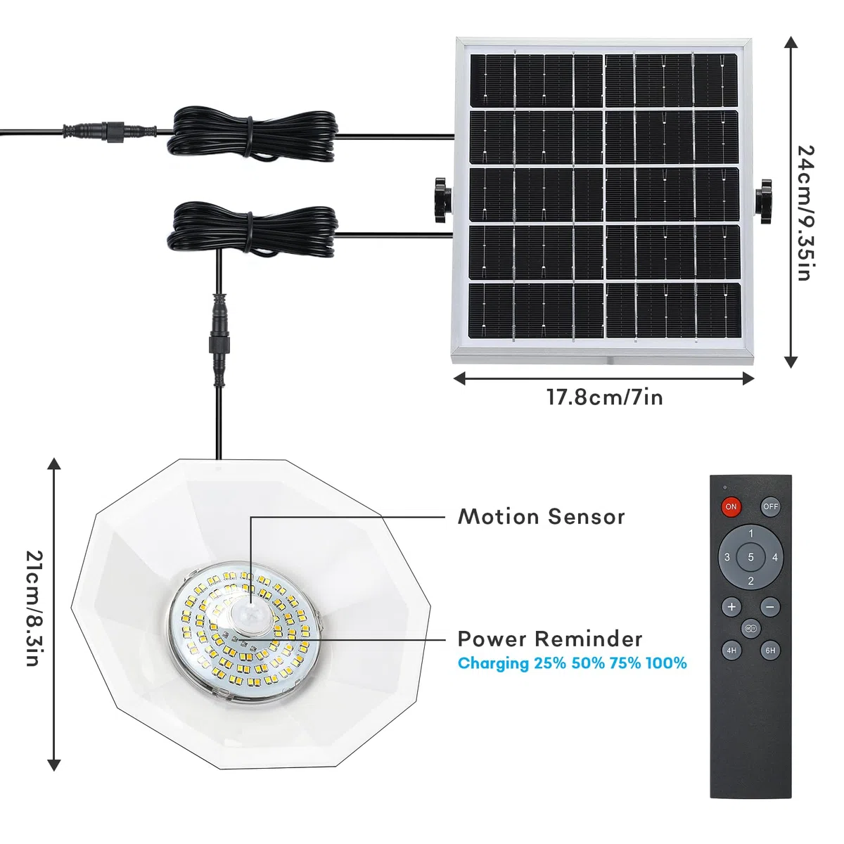 Faro LED Esterno con Pannello Solare - 4400mAh IP65, Lampada Solare da Esterno Sospesa con Telecomando e Rilevatore di Movimento, 5 Modalità + 3 Temperature Colore, 2 Pezzi