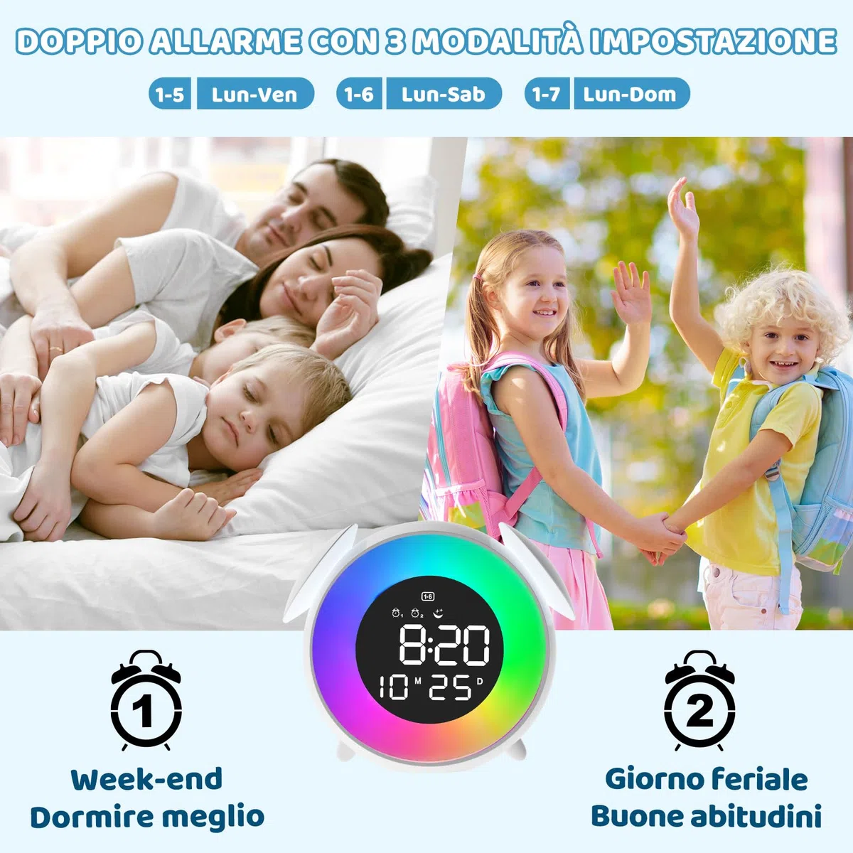 Sveglia Digitale per Bambini, Sveglia Bambini da Comodino con Doppio Allarme, 10 Colorate Luci, Snooze, Modalità Giorno della Settimana, 7 Suonerie, 12/24H per Ragazze Ragazzi