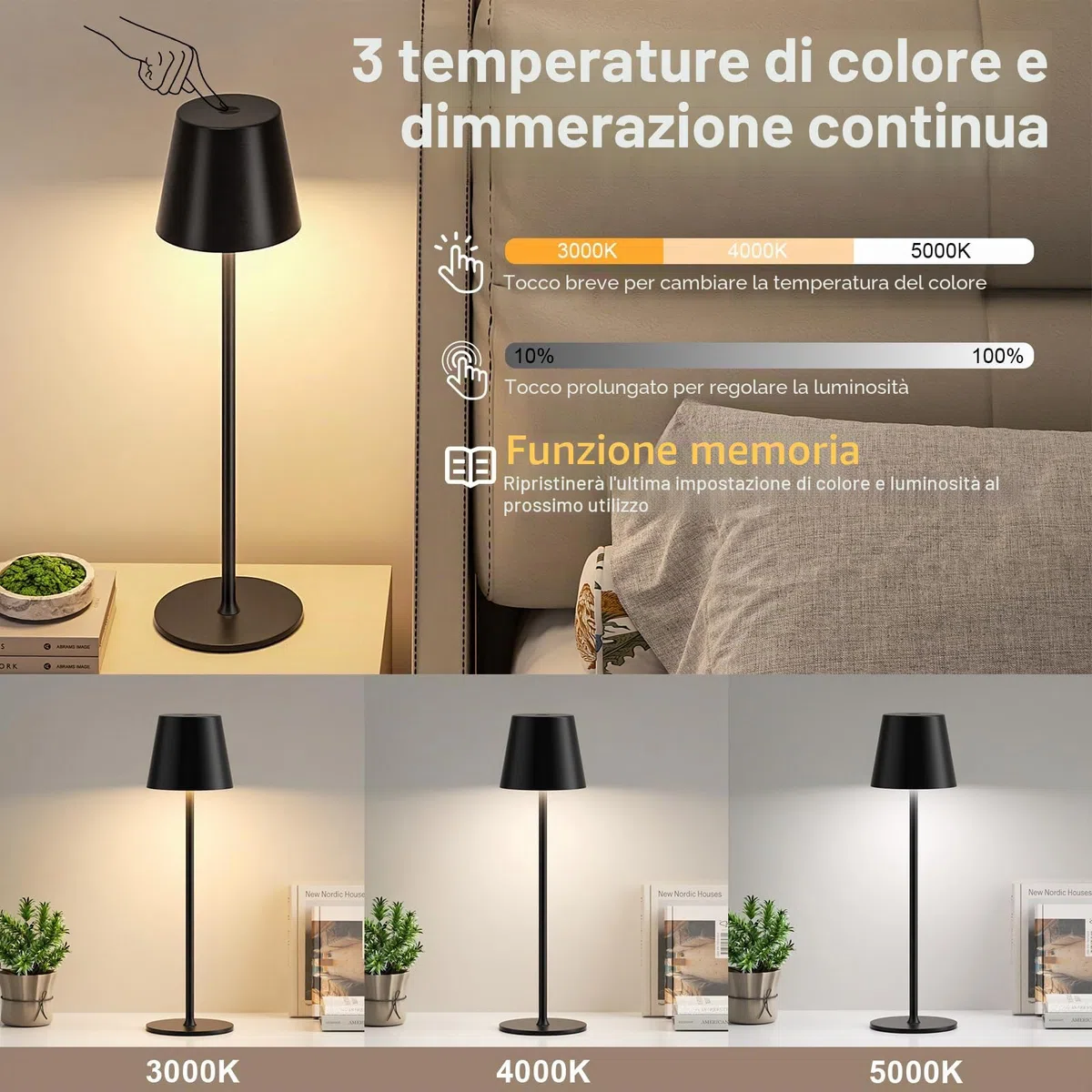 Lampada da Tavolo Senza Fili LED Dimmerabile, 3 Modalità di Colore, Lampada da Comodino Touch Ricaricabile per Camera da Letto, Soggiorno, Campeggio all'aperto Esterno Verande(Nero)
