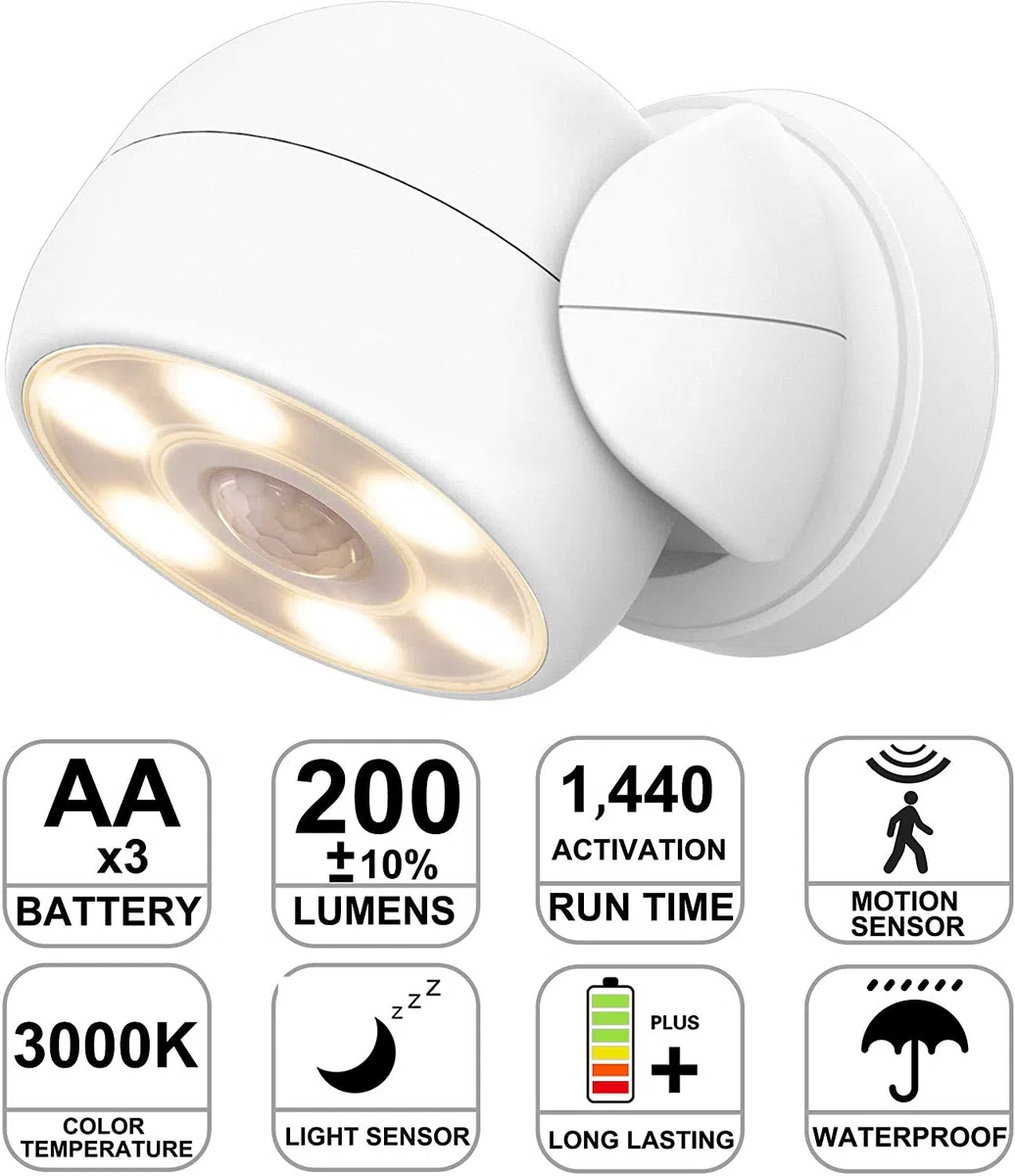 HONWELL Senza Fili Faro a Batteria Esterno, Faretto Led da Esterno con Sensore di Movimento,Impermeabile a Luce LED Faretto di Sicurezza per Giardino,Corridoio, Patio -Bianca