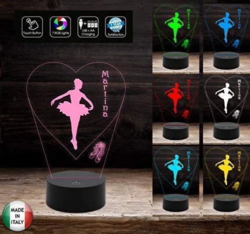 Generico Regalo Ballerina Lampada LED 7 Colori Selezionabili Danza Personalizzabile con Nome Luce da Notte in Acrilico e ABS