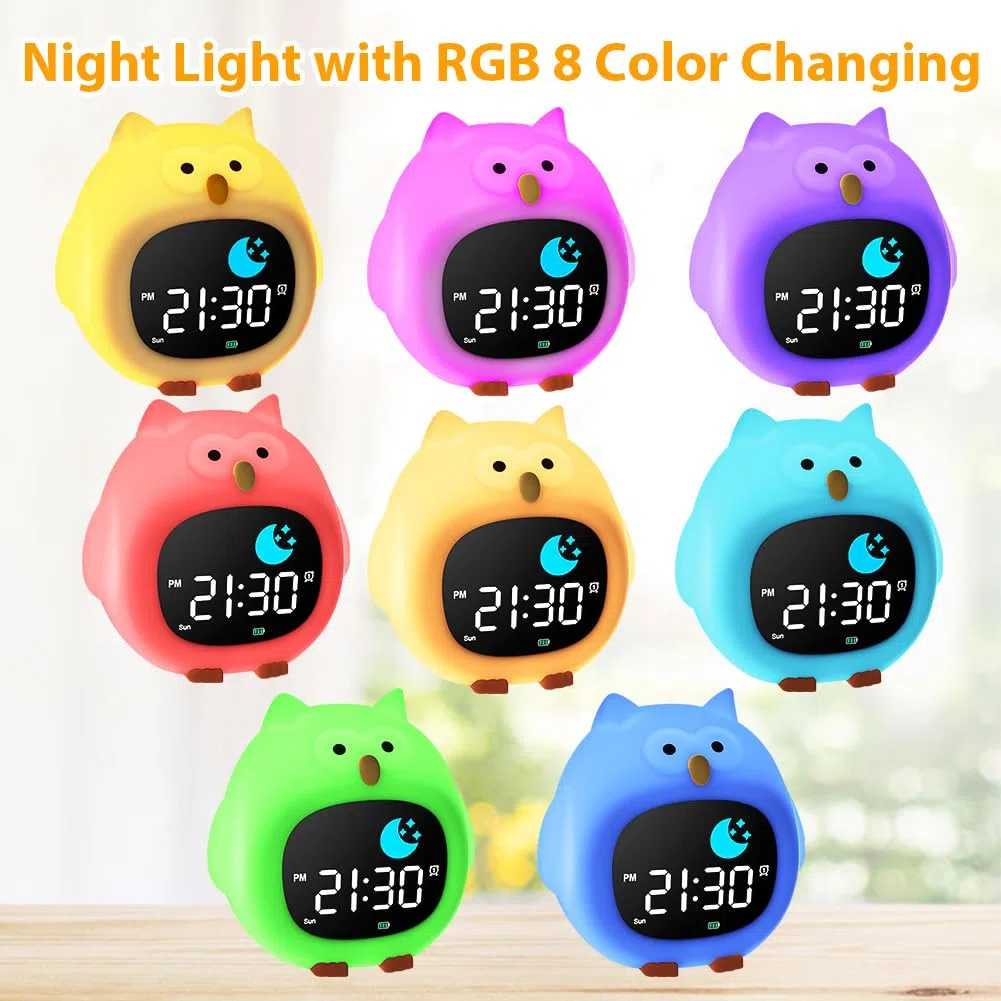 HOTUT Sveglia Digitale Luminosa per Bambini, Lampada Notturna Ricaricabile USB con 8 Colori Dimmerabile, 6 Suonerie e Musica