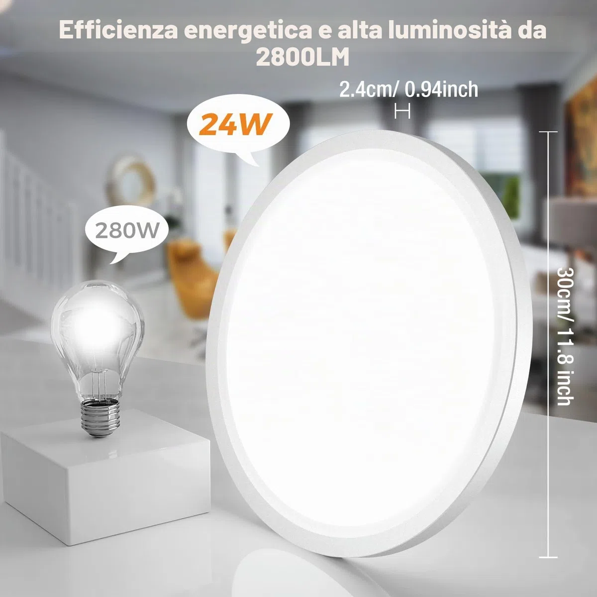slochi Plafoniera LED Soffitto, 24W 3000K 4000K 6500K Lampada da Soffitto Bianca,2800LM IP44 Plafoniera Bagno Rotonda per Camera da Letto, Cucina, Soggiorno, Corridoio, Balcone, Ø30CM