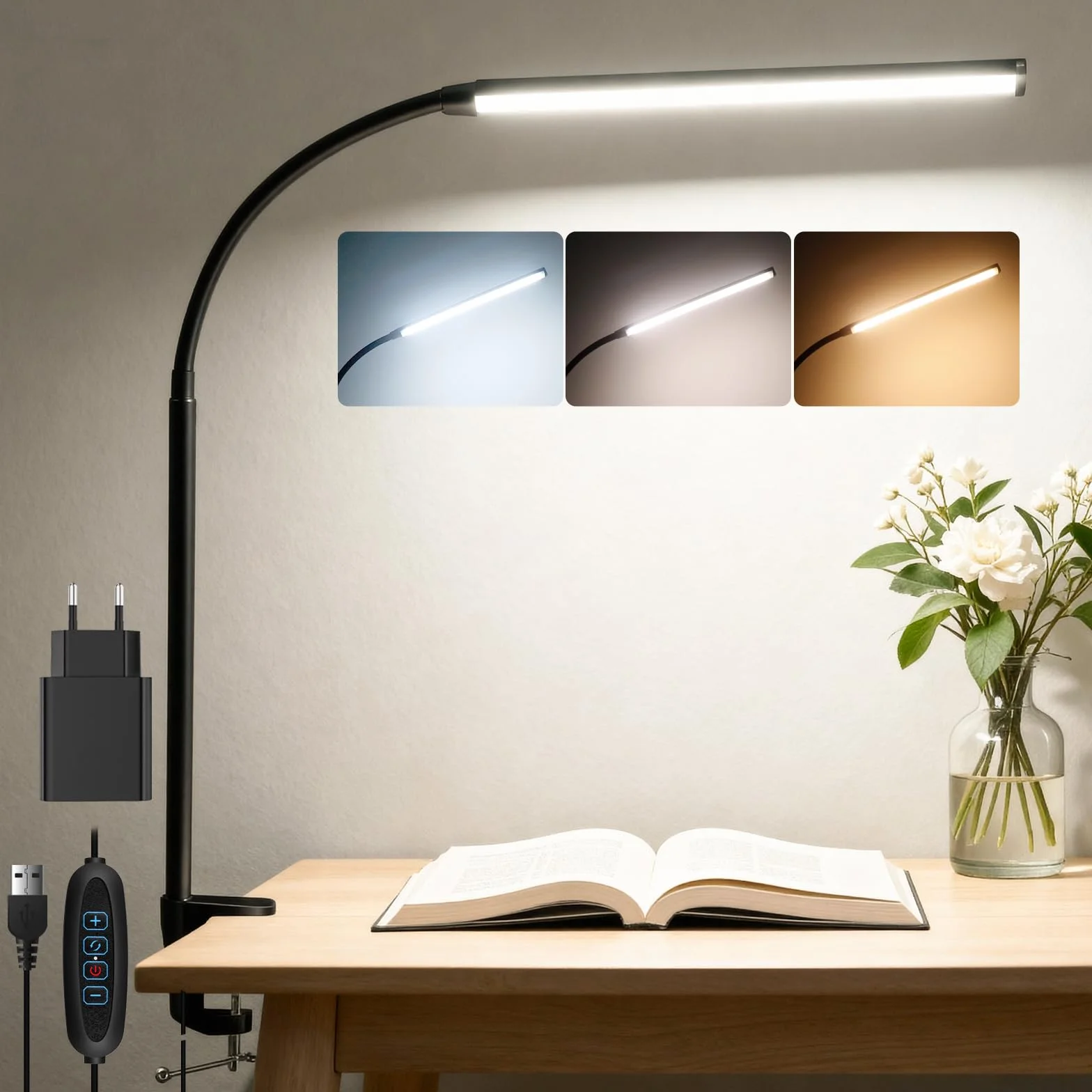 Akynite Lampada da Scrivania con Pinza e Cavo, Adattatore incluso, 3 Colore e 10 Intensità, Lampada da Lettura da Letto, Flessibile Lampada USB per PC, Luce Tavolo, Nera