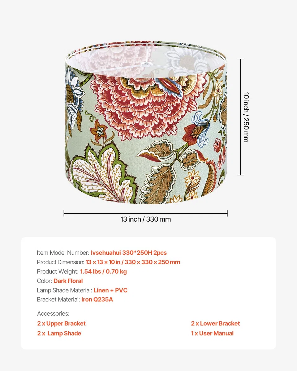 VEVOR Paralume a Tamburo Dimensioni Medio, Paralume di Ricambio per Lampade da Tavolo, Lampadina da Terra Lampada a Sospensione, Copri Lampadine 330 x 330 x 250 mm 2 Pezzi, Fiori Scuri