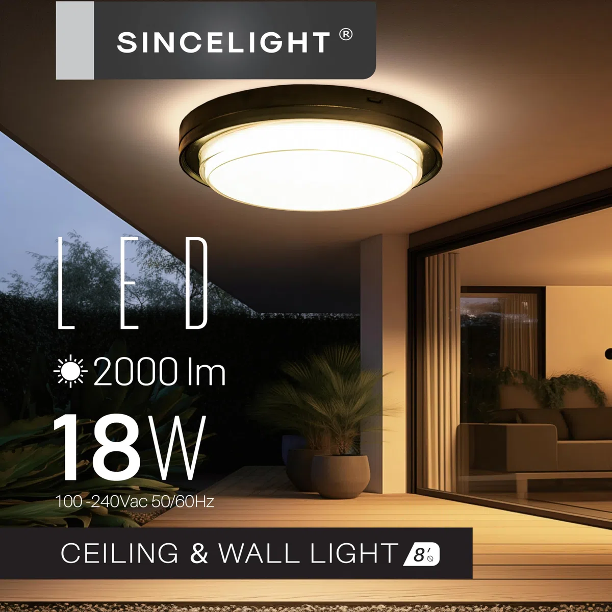 SINCELIGHT LED Plafoniere o Applique per Esterni e Bagno, IP65 Impermeabile, Φ222mm, 18W, 2000lm, Moderna Lampade da Soffitto, Nero, Colore Regolabile da Bianco Caldo a Bianco Freddo