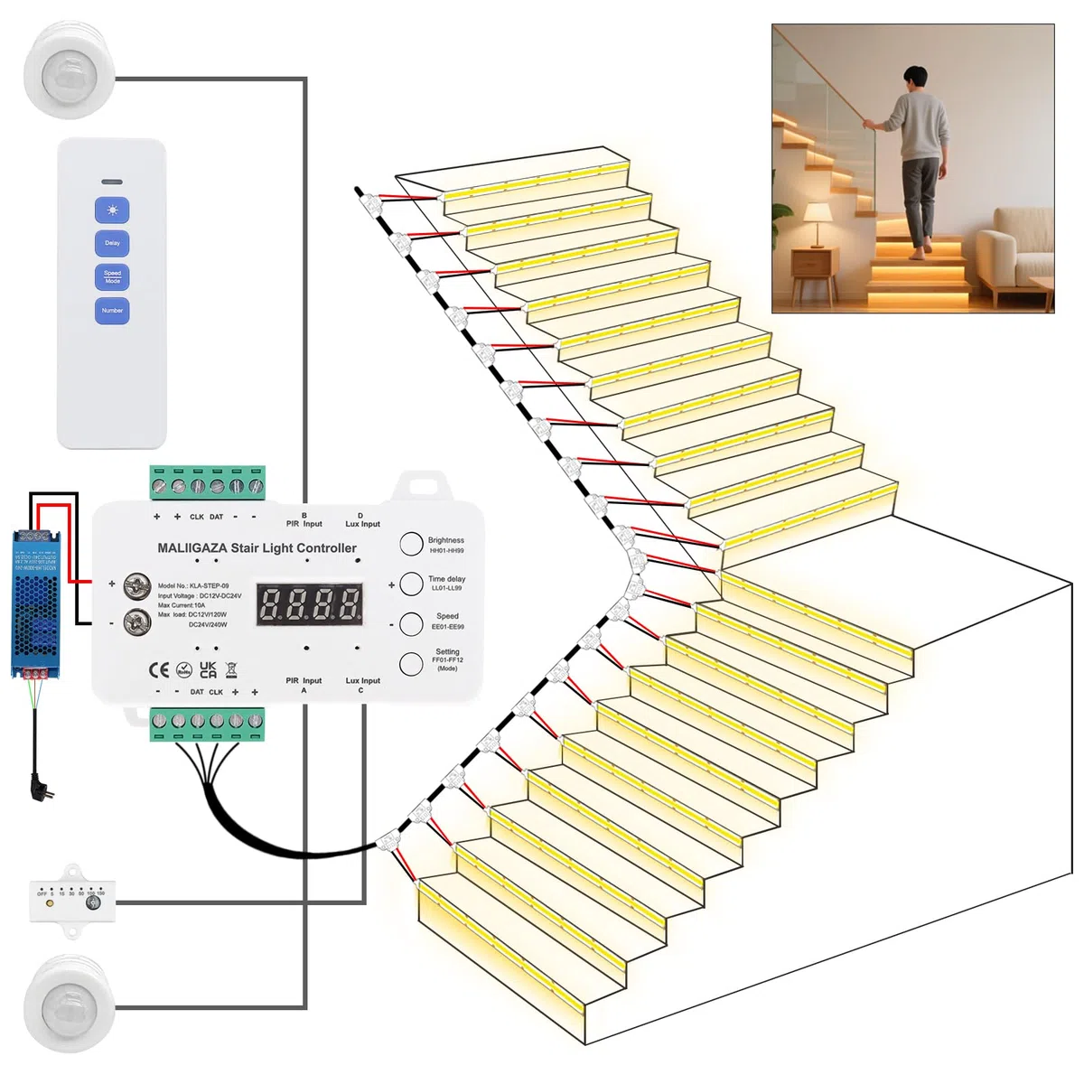 Illuminazione intelligente per scale, 20 livelli, luce bianca calda, 3000 K, LED COB con sensore di movimento e sensore di luce, sistema di illuminazione intelligente per interni, automatico e a