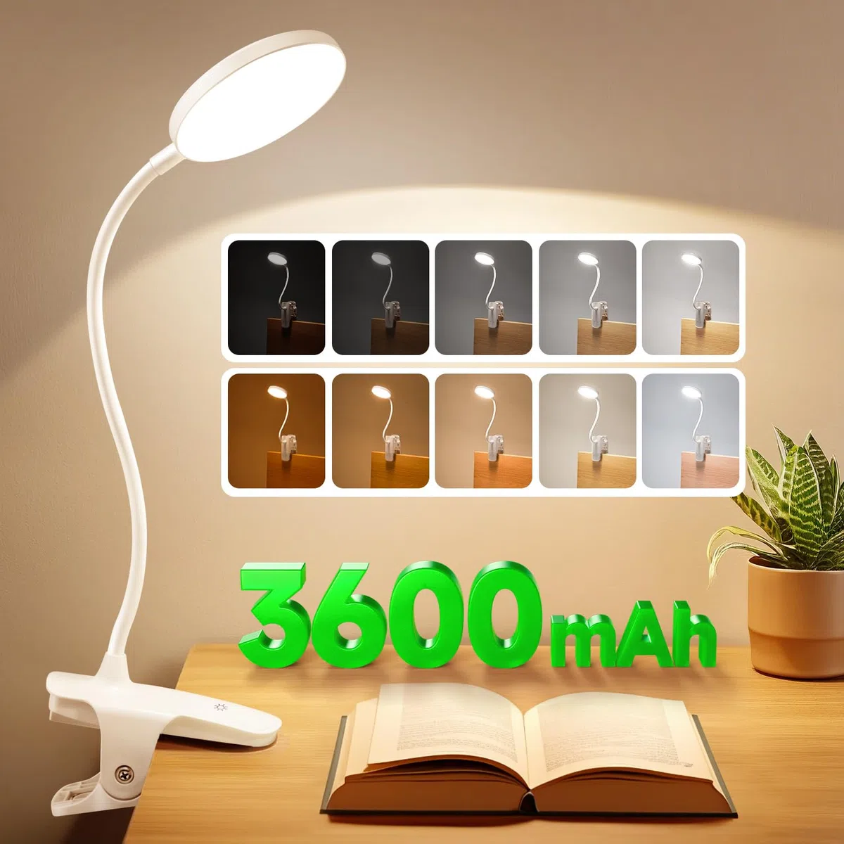 Luce per Lettura Libri a Letto, 450 LM+36 LED, 25 Modalità Notturna, 3600mAh USB Lampada Ricaricabile, 360° Flessibile Con Pinza - Luci LED Camera da Letto