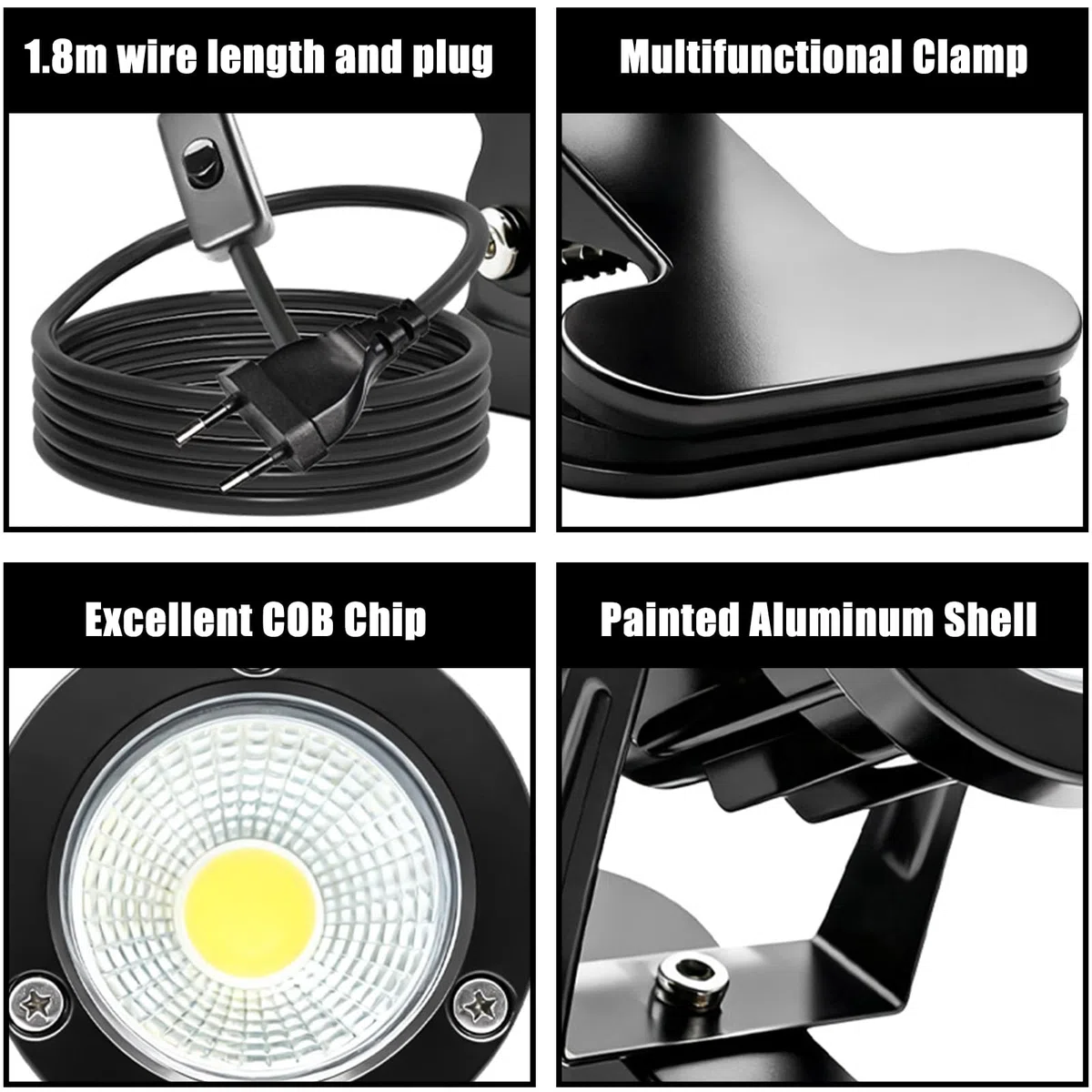 BAIFULAI Spot LED con pinza: spot LED con pinza con cavo da 1,8 m, presa e interruttore manuale, lampada esterna impermeabile alla pioggia con pinza per illuminazione esterna e interna