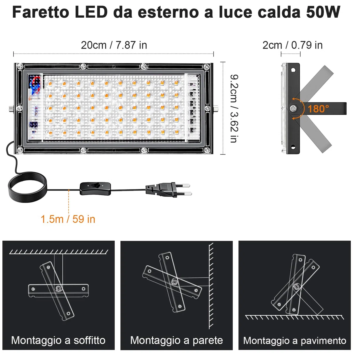 CREATESTAR 50W Faretto LED da Esterno，2pcs Faretto Led con Spina,3000K Bianco Caldo Faretti led 5000LM,faretti LED esterni 3000K, IP65 Impermeabile per Giardino,Patio, Garage
