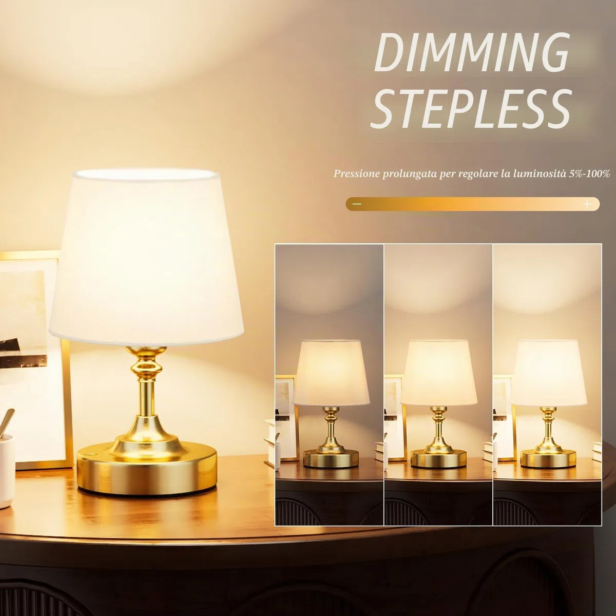 Piccolo Lampada da Tavolo LED Senza Fili, Batteria Ricaricabile, Dimmerabile, Paralume in Lino Bianco, Lampada da Comodino LED per Camera da letto, Sala da Pranzo, Soggiorno, Deco(Ottone)