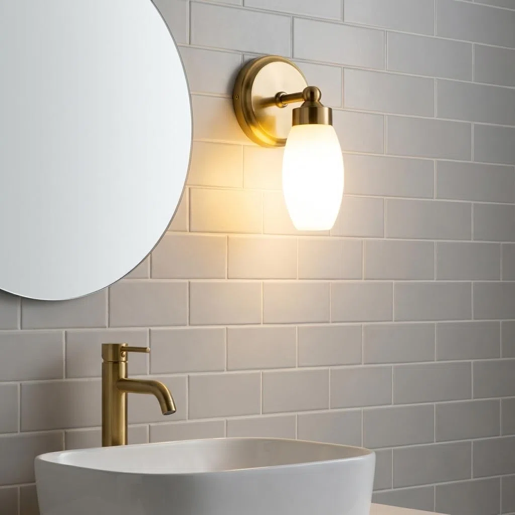 Alpinaluz applique da parete per bagno con portalampada E14, base in metallo oro e diffusore in vetro bianco opalino, design vintage elegante con protezione IP44 per illuminazione morbida