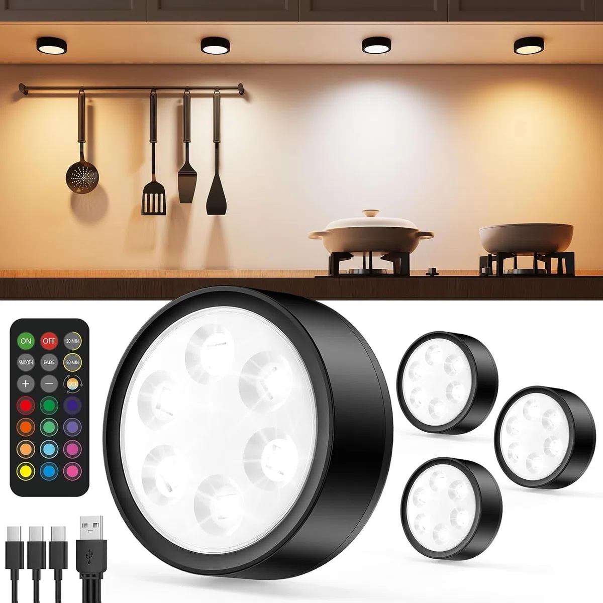 Faretti LED RGB a Batteria Ricaricabili USB, Nero 2400mAh Luce Vetrina Senza Fili a pile Luci Armadio con Telecomando e Pulsante Luce Cucina Sottopensile Colorata Lampada Notturna Adesiva Touch