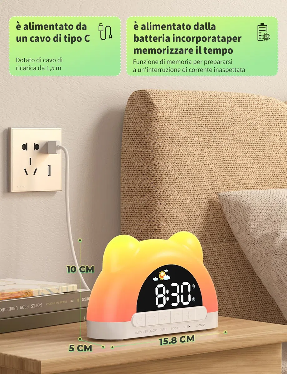 Sveglia Digitale per Bambini 12/24 Ore, Sveglia da Comodino con 11 RGB Luce, 5 Livelli di Luminosità, Doppia Modalità Giorno/Notte, per Allenamento del Sonno