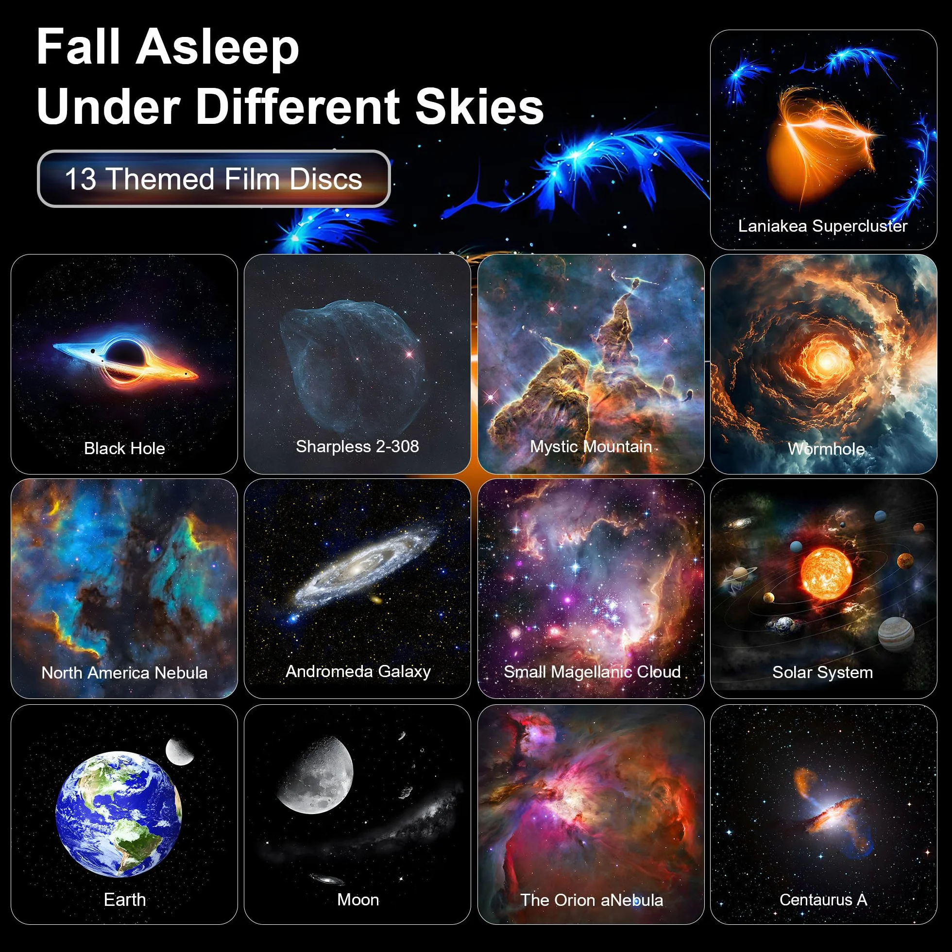 Proiettore Stelle Soffitto PRO, Galaxy Projector Planetarium Projector with 13 Planet Discs, Timer, Luce Notturna Proiettore Stellato per Bambini Adulti Rotazione a 360°