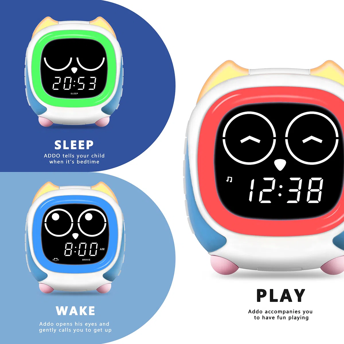 iTOMA Addo Sveglia per Bambini, Lampada da Comodino con Simulazione Alba/Tramonto, Grow Trainer Orologio per Bambini e Lettore Musicale Bluetooth, Rumori Bianchi per Dormire Sveglia Gufo CKS912