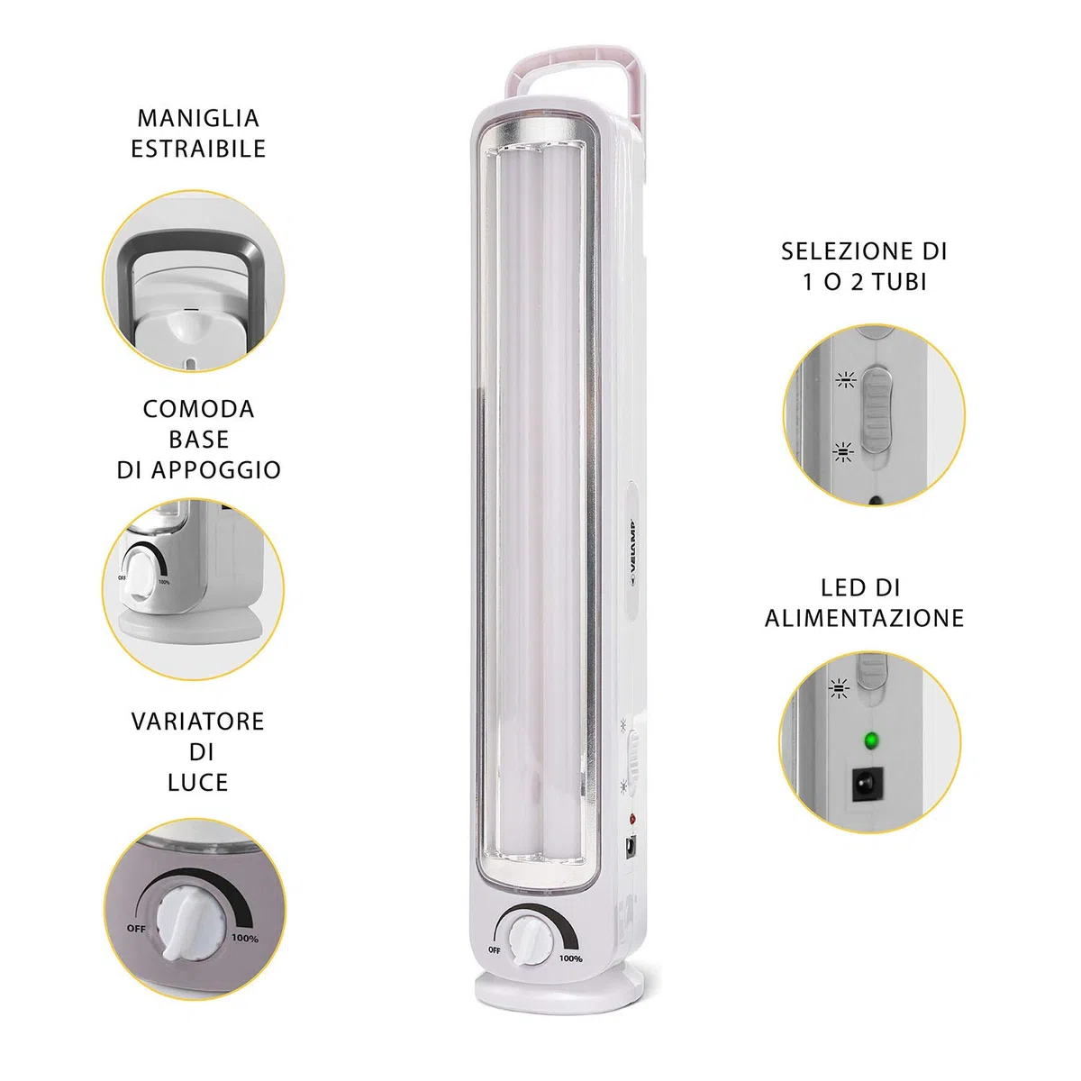 Velamp BIG TWIX - Lampada di Emergenza Portatile Ricaricabile, LED, Super Luminosa (500 lumen) - Dimmerabile - Con Caricabatteria Esterno, Sicura, Leggera e Compatta