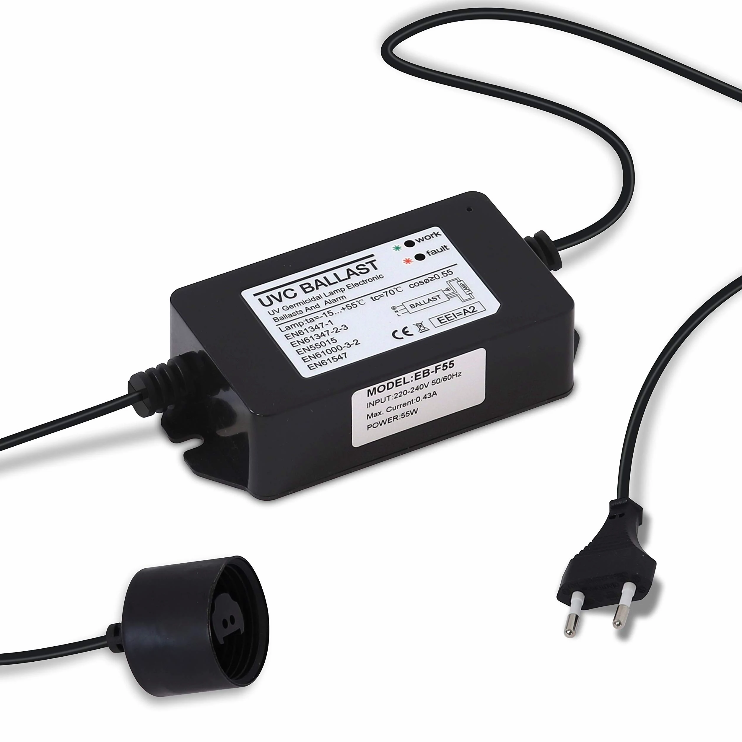 Alimentatore di Ricambio per Sterilizzatori UV Acqua 55 watt con LED di funzionamento e Allarme Sonoro di Guasto per Lampada Ultravioletti Attacco 2+2 pin