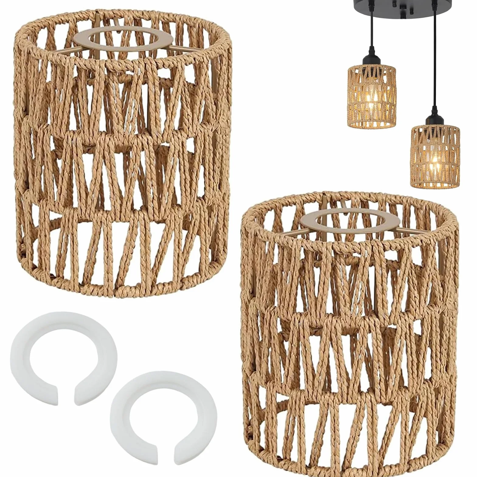 Paralume Lampada 2 Pezzi Paralume Rattan Retrò Boho Larghezza 15 cm E27 E14 per Lampadario Soffitto Lampada da Tavolo Lampade da Terra Pendenti