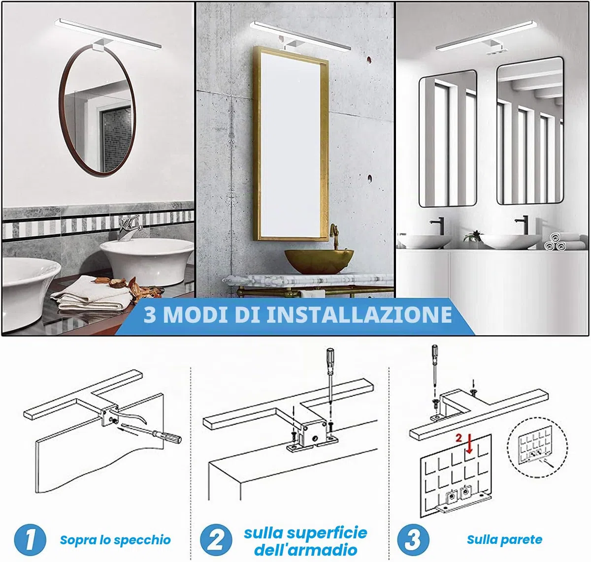 Lampada da Specchio a LED per Bagno,10W,820LM,40cm,Bianco Neutro,4000K,Montaggio 3 in 1,IP44,230V,400mm,Senza Tremolio,Lampada da Specchio per Armadio da Bagno