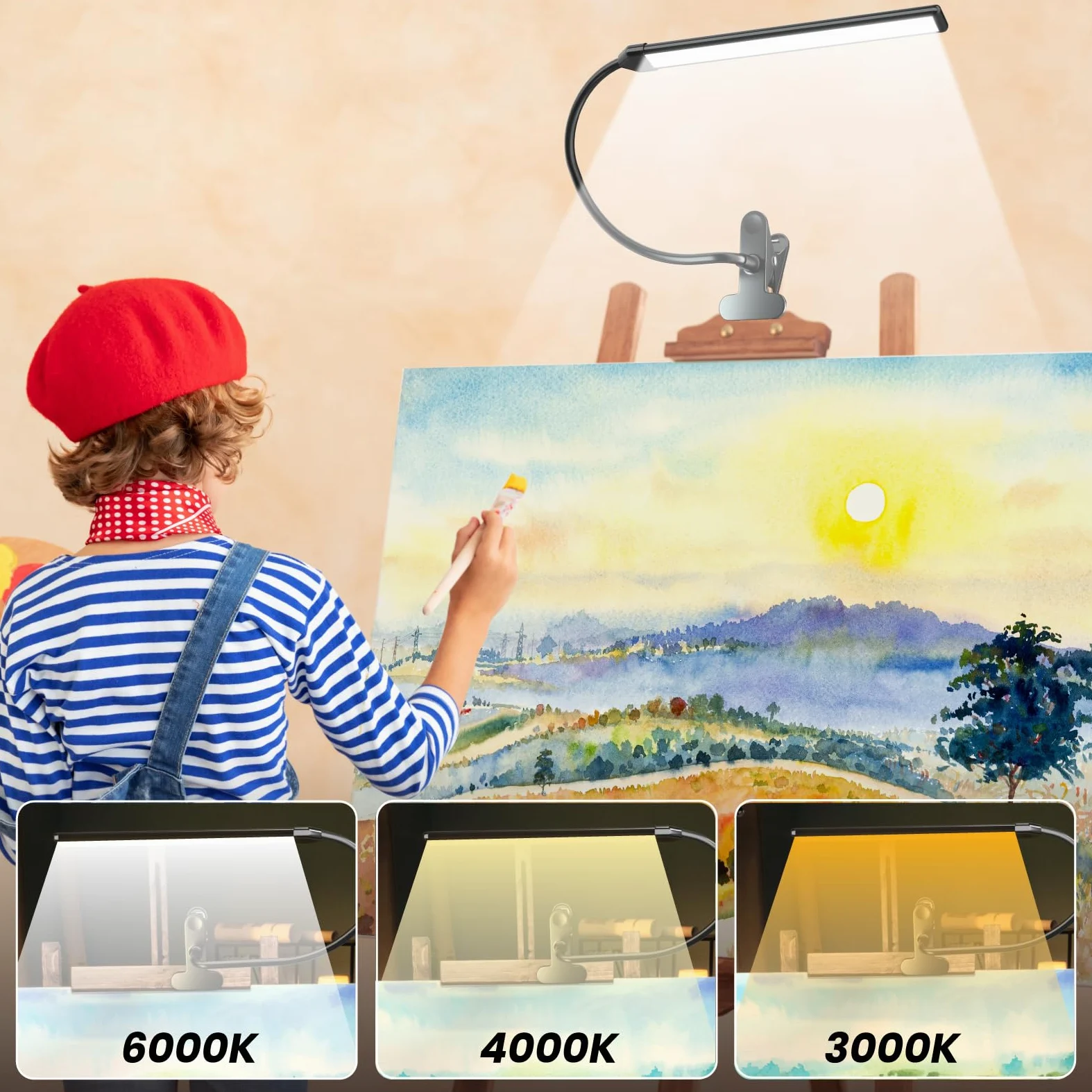Lampada con Pinza Morsetto per Pittura Artistica, 3 Modalità Colore, 10 Livelli Luminosità, 300lm Luce da Lettura per Dipingere e Disegnare con Braccio Flessibile, Alimentazione USB