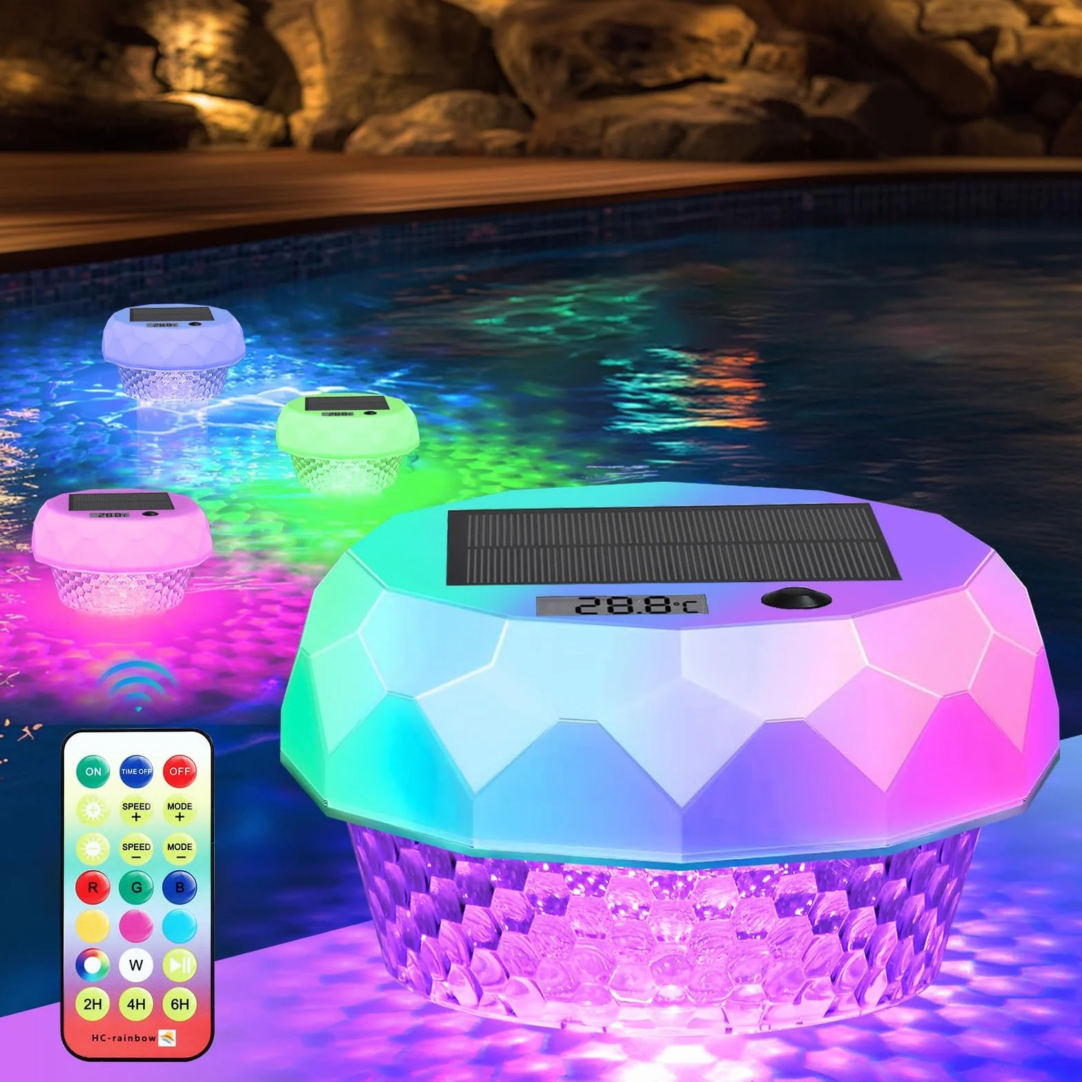 Luci Solari per Piscina con Termometro Digitale,Luci Galleggiante per Piscina Galleggianti Cambia Colore RGB con Telecomando Impermeabile IP68 per All'aperto Piscina Spa Festa Giardino