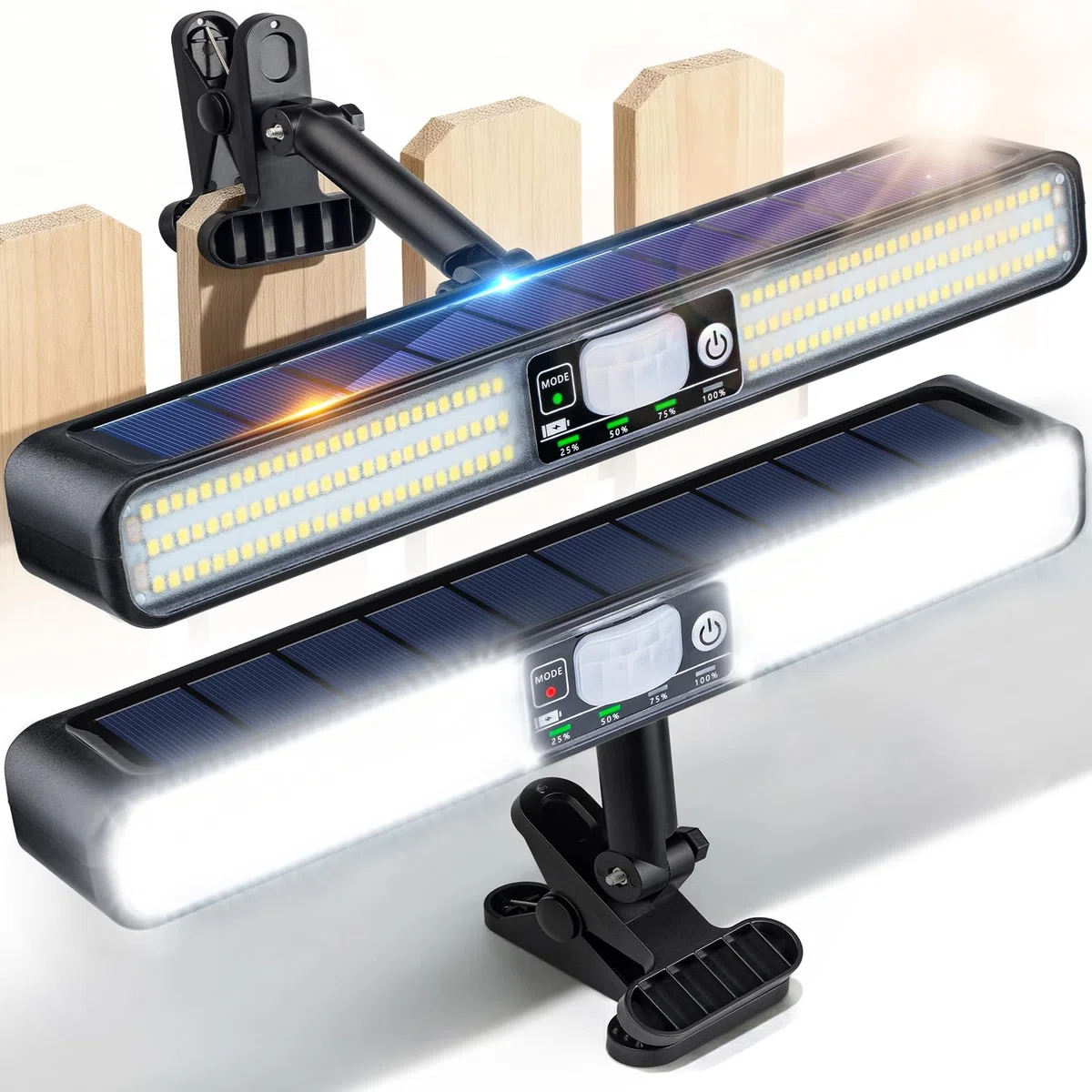 Jeebel 2 Pezzi Lampada Solare con Sensore Movimento 28cm 1200LM Luci Solari da Giardino con Clip, 160 LED, 5 Modalità, IP65, Luce Avviso Rosso-Blu, Faretto da Esterno Solare per Campeggio Recinzione
