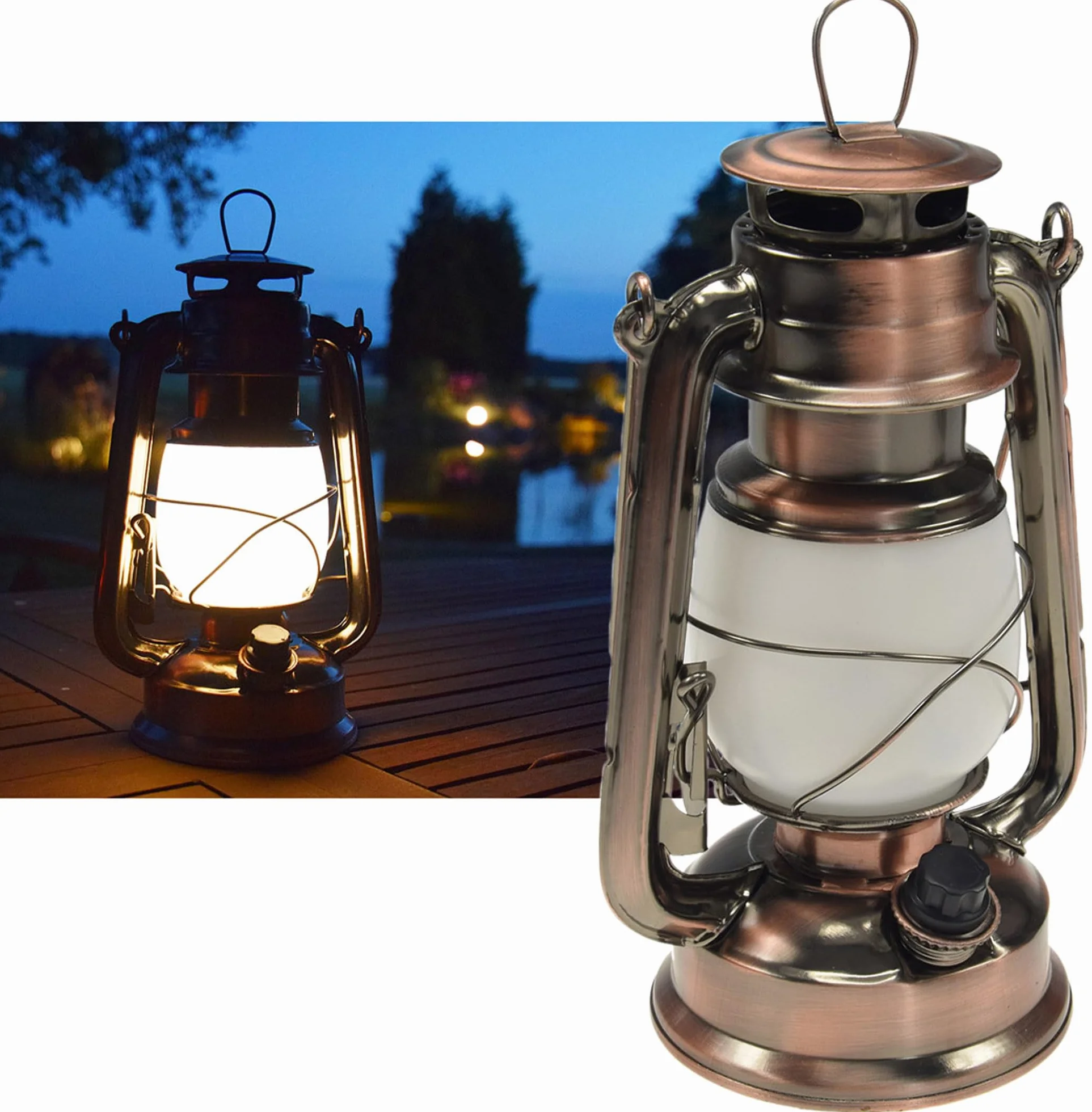 ChiliTec 22634 - Lanterna da campeggio a LED, in rame, a intensità variabile, funzionamento a batteria, 4 x AA Mignon da 23,5 cm, con occhiello, luce bianca calda, 6 V