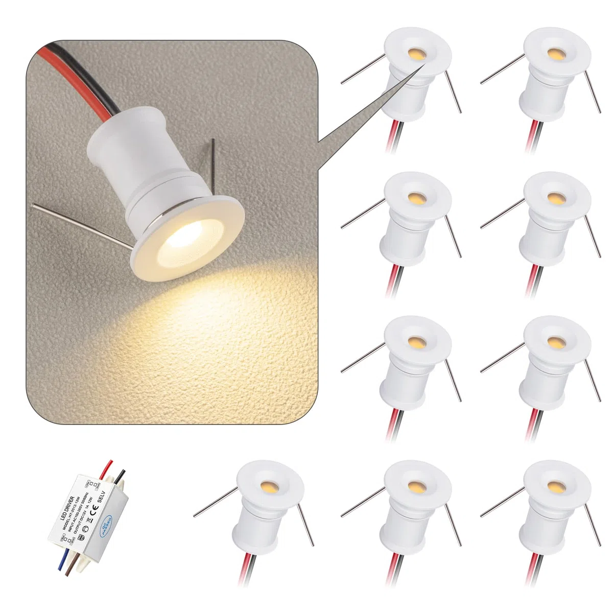 Mini faretto LED 902 120°, DC12V 1W, 80Ra, 75lm, dimensioni ridotte, installazione integrata, adatto per l'illuminazione di mobili come cantinette per vino, scarpiere, ecc.(3000K,White,9Pack)