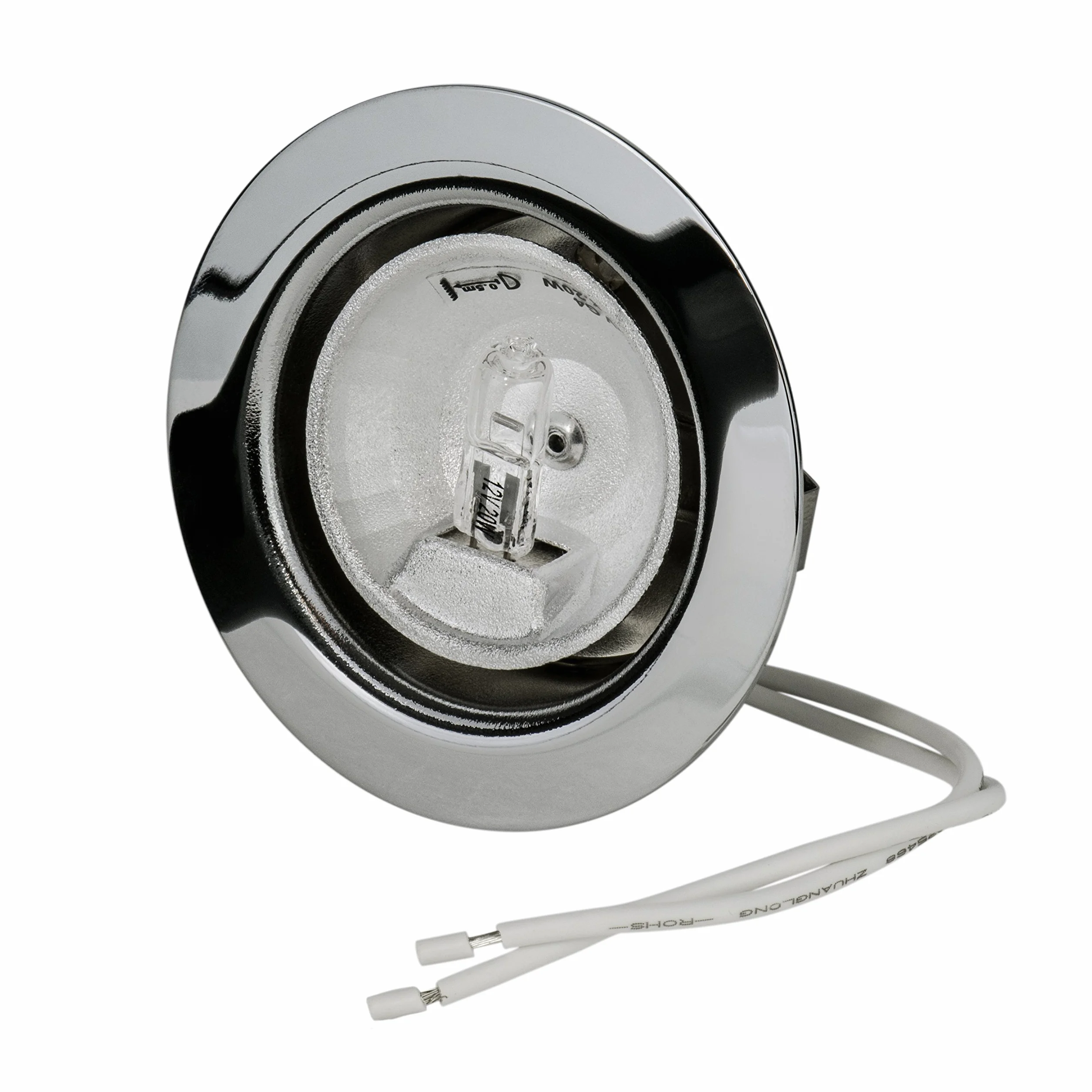 Lampada da incasso per mobili - 12 Volt AC G4, 20 Watt lampadina inclusa (dimmerabile), foro: 55-58 mm; diametro esterno: 65 mm; profondità di incasso: 30 mm; lampadina sostituibile, adatta anche per LED