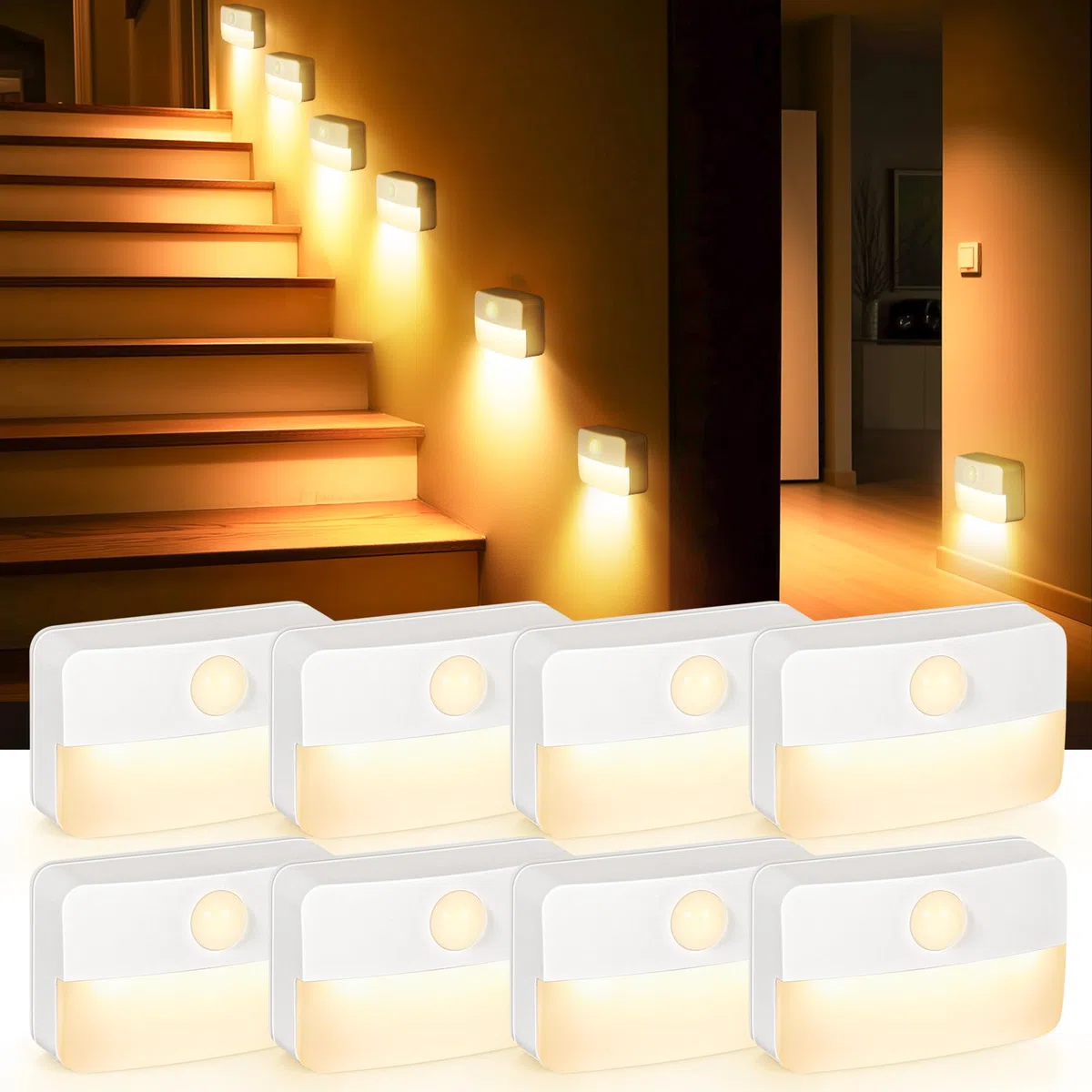 8 pezzi di illuminazione a LED per scale con sensore di movimento - Luce notturna interna, luce per scale con sensore di movimento a batteria, piccola lampada per illuminazione delle scale con