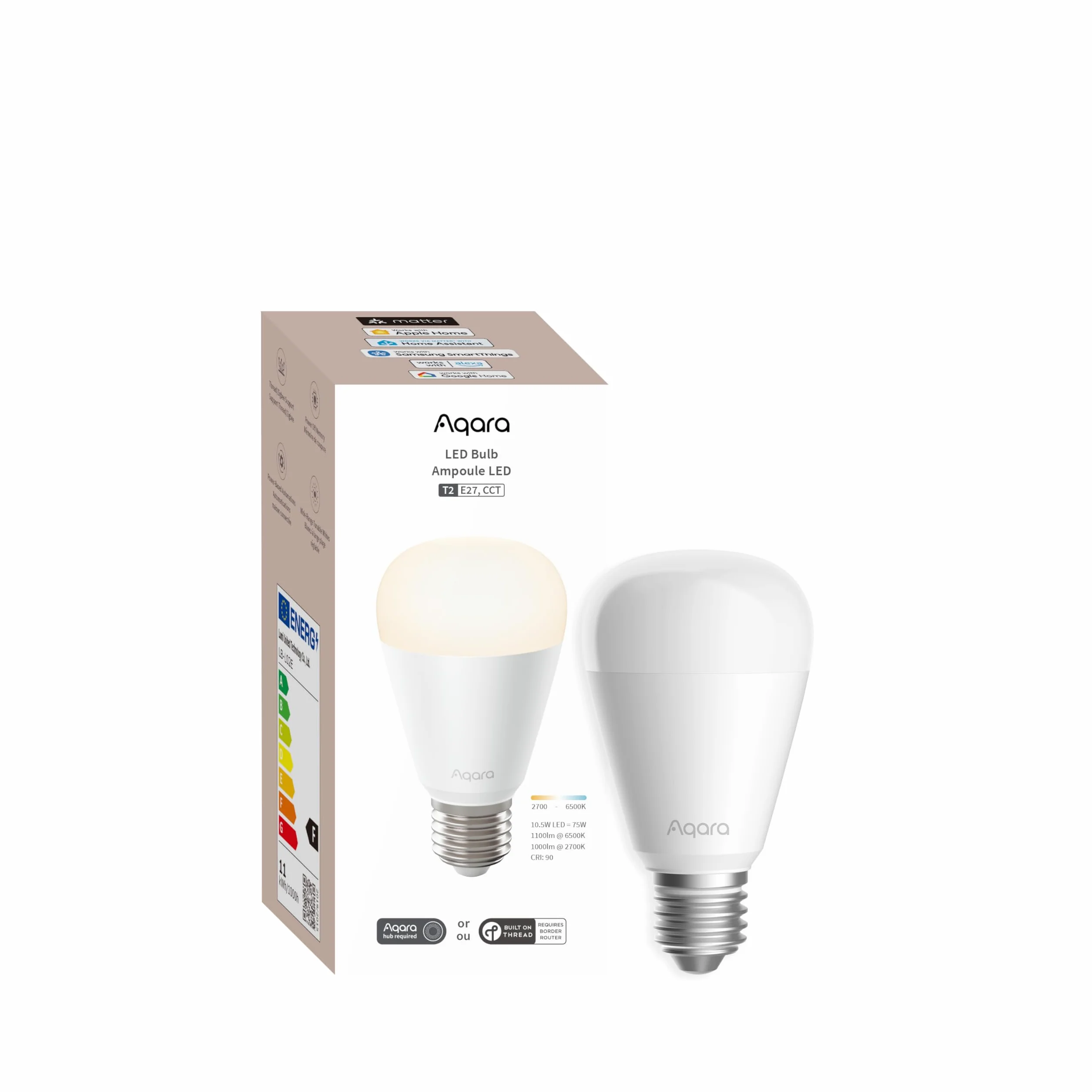 Aqara Lampadina LED T2 E27 Thread/Zigbee, Bianco Sintonizzabile(2700 K-6500 K), Equivalente a 75 W, Matter, Supporta HomeKit, Alexa, Google Home