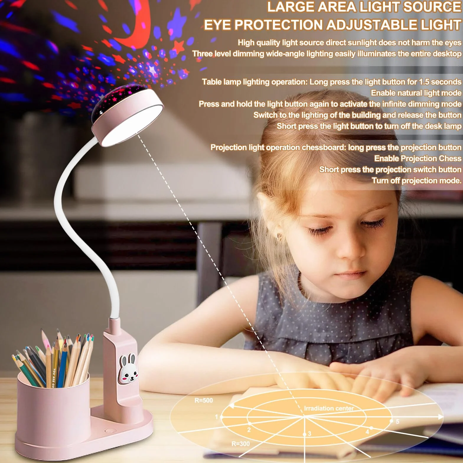Aicharynic Lampada da Scrivania per Bambini: Lampada da Notte LED con Port penna, Lampada da Tavolo Dimmerabile con Proiezione di Stelle, Regolabile a 360°, per Cameretta (Rosa)