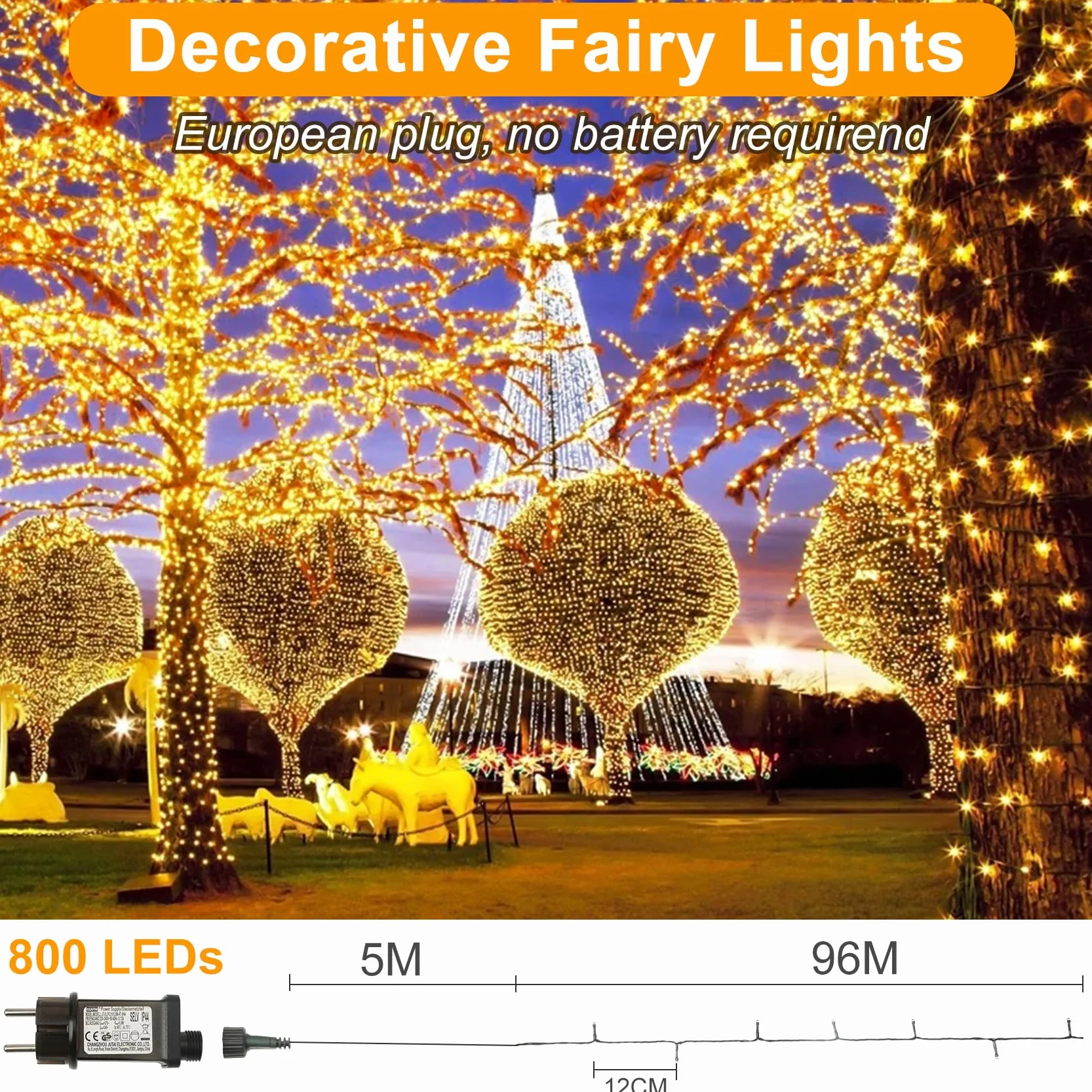 Realky Luci di Natale, 96M 800 LED Luci Natalizie da Esterno ed Interno, 8 Modalità con Funzione Memoria e Telecomando per Giardino, Balcone, Casa, Festa - Bianco Caldo