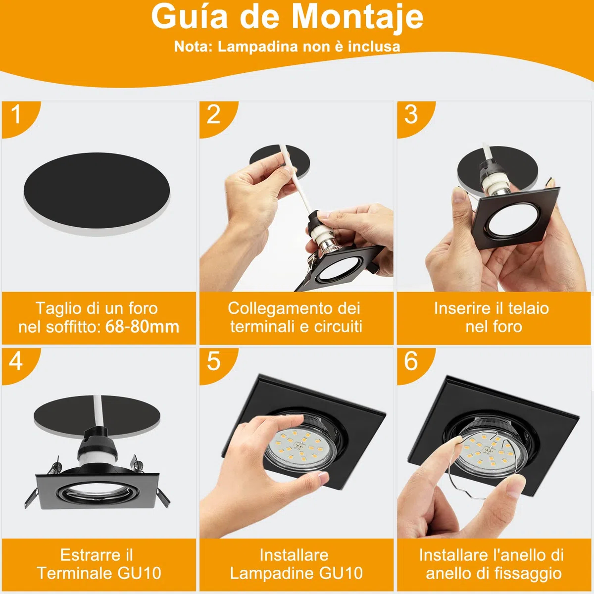Bojim Porta Faretti LED da Incasso GU10 per Cartongesso Quadrati Nero, Cornice Ghiera Faretto Incasso Diametro Foro 68mm - 85mm Portafaretti Portalampada GU 10 Farettoincasso 10 Pezzi