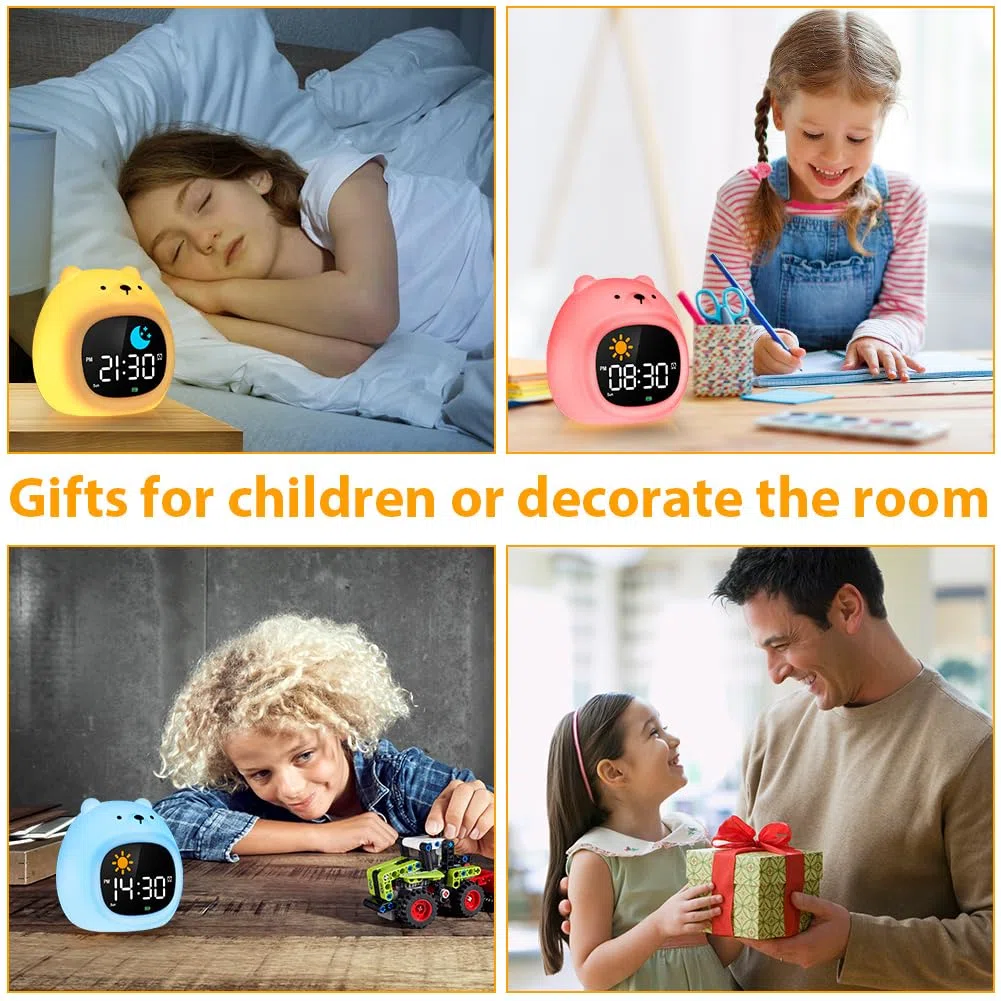HOTUT Sveglia Digitale Luminosa per Bambini, Lampada Notturna Ricaricabile USB con 8 Colori Dimmerabile, 6 Suonerie e Musica