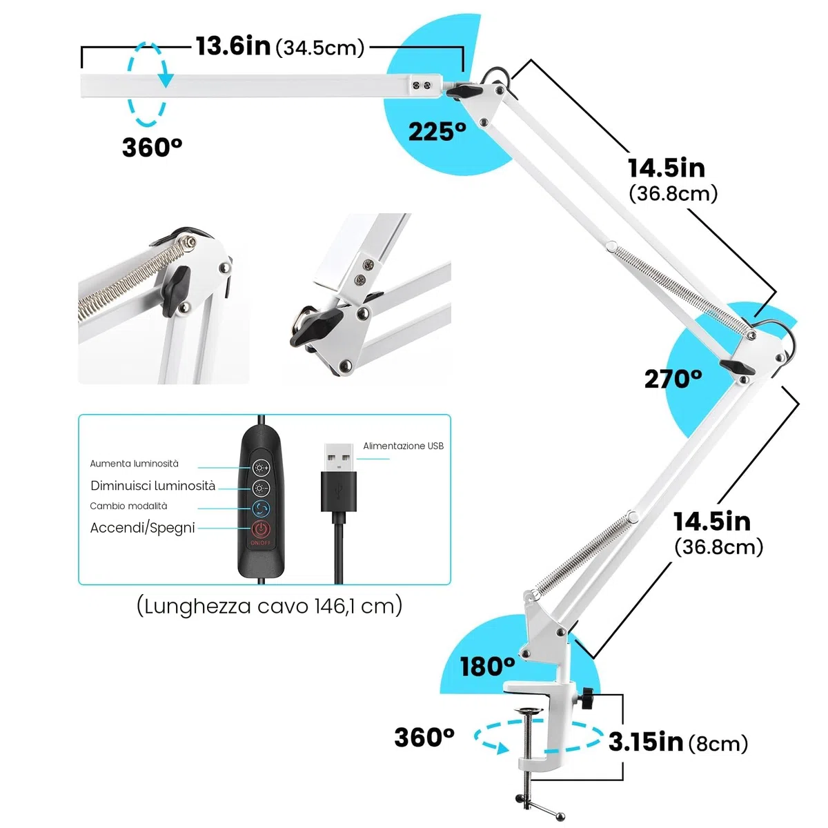 BIENSER Lampada da Scrivania a LED, 1100LM Lampada da Tavolo con Morsetto, 10 Livelli di Luminosità X 3 Modalità, Dimmerabile, Protezione degli Occhi, Lampada da Architetto Per Ufficio Lettura Studio