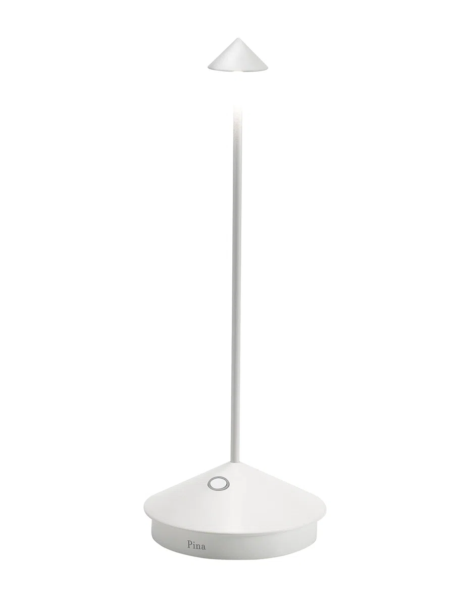 Zafferano Pina Pro, Lampada LED Ricaricabile Da Tavolo Senza Fili, Dimmer Touch 2700K, IP54 Uso Interno/Esterno, Base Di Ricarica A Contatto, Batteria Lunga Durata, Corpo In Alluminio H29cm - Bianco