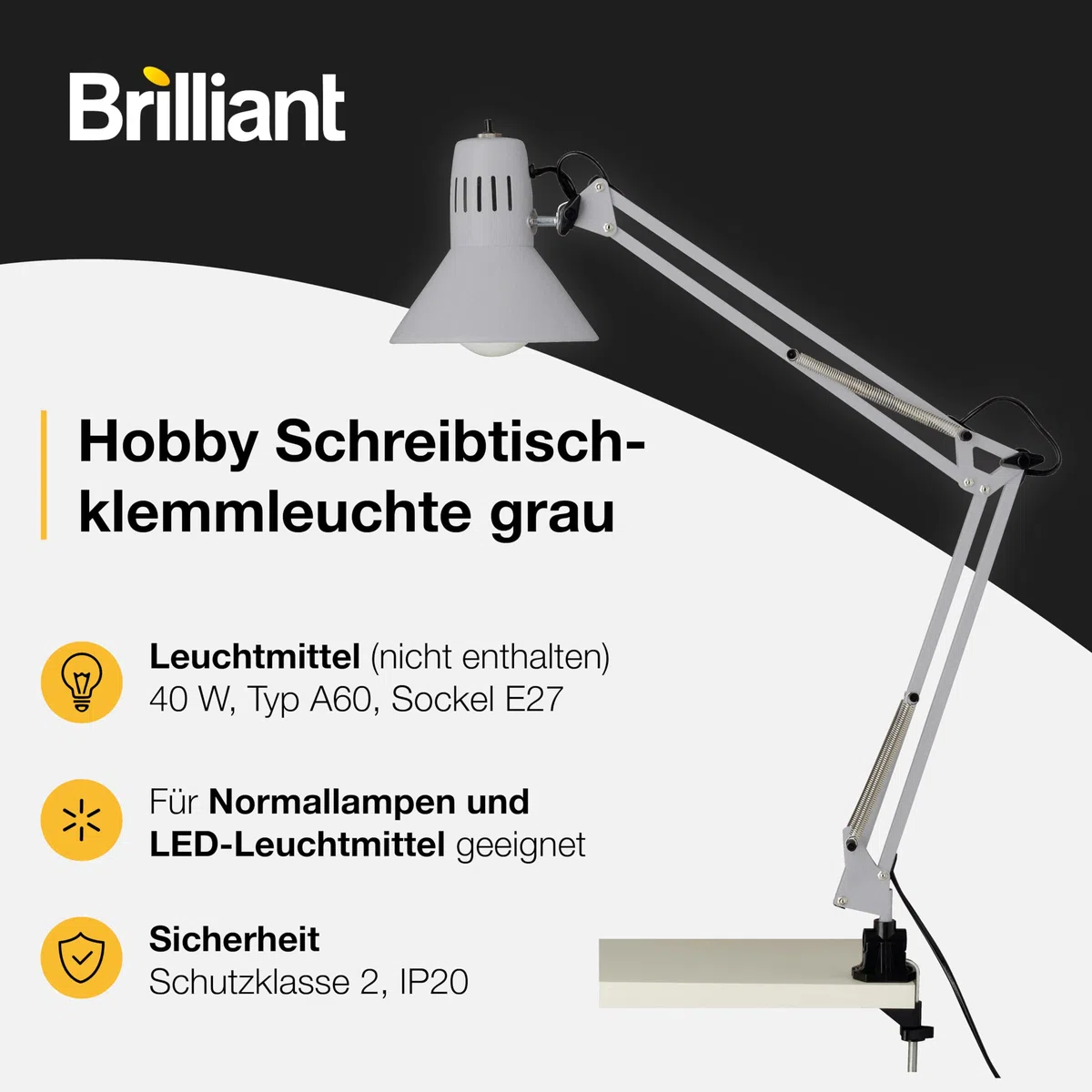 Brilliant Hobby - Lampada da scrivania con morsetto, 10802 / 11, colore titanio
