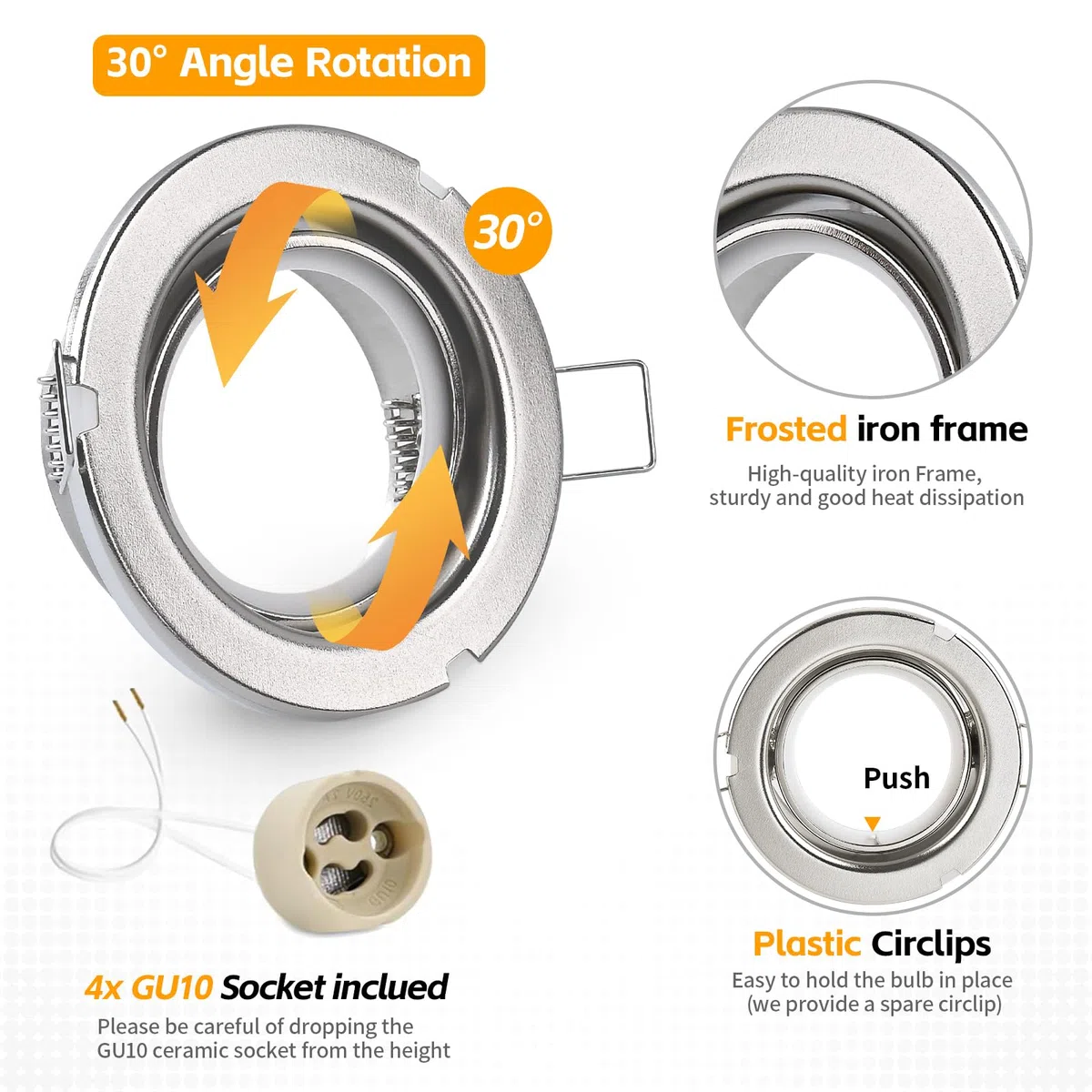 GeyouLux 4x Faretti LED da incasso IP65 cornice con presa GU10 Faretti LED Soffitto in ferro Nichel spazzolato Foro da 68mm Faretti da incasso per cartongesso bagno cucina Rotondo