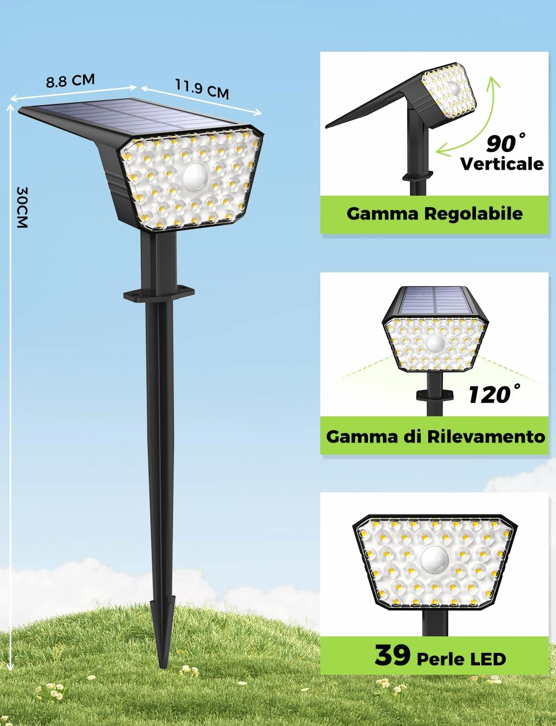 Luci Solari da Giardino con Sensore di Movimento, Lampade Solari da Esterno 4 Pezzi, 4 Modalità di Lavoro, IP67, Installazione a Parete o a Terra per Cortile e Garage - Bianco Caldo