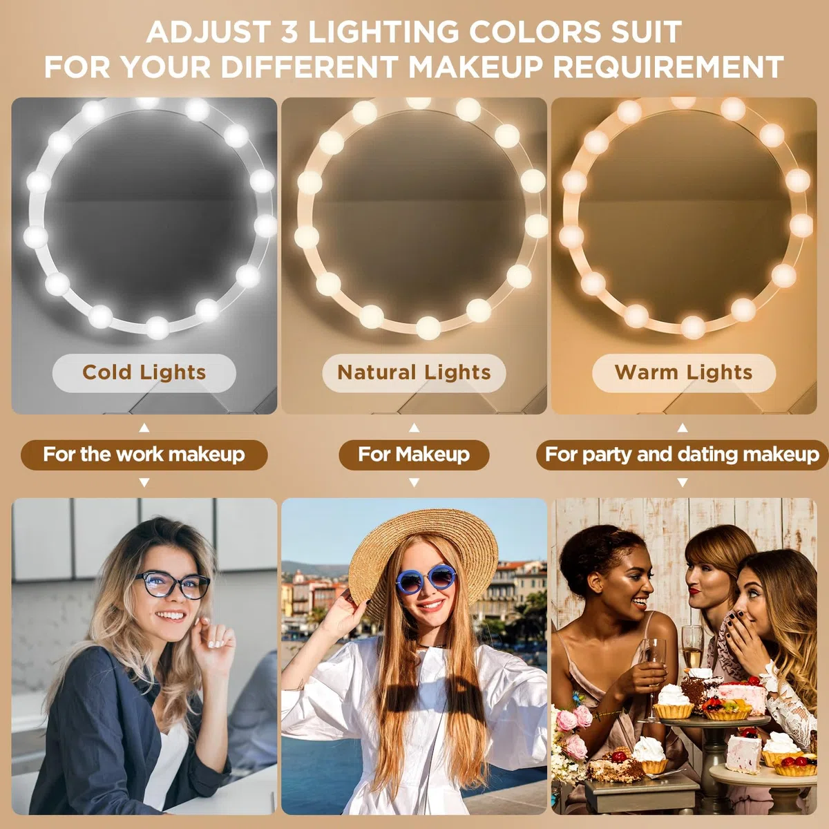 Luci Trucco, Kit di 14 Lampadine Hollywood LED Dimmerabile con Adattatore, Specchio Hollywood Dimmerabile con 3 Colori e 10 Intensità per Parrucchiere