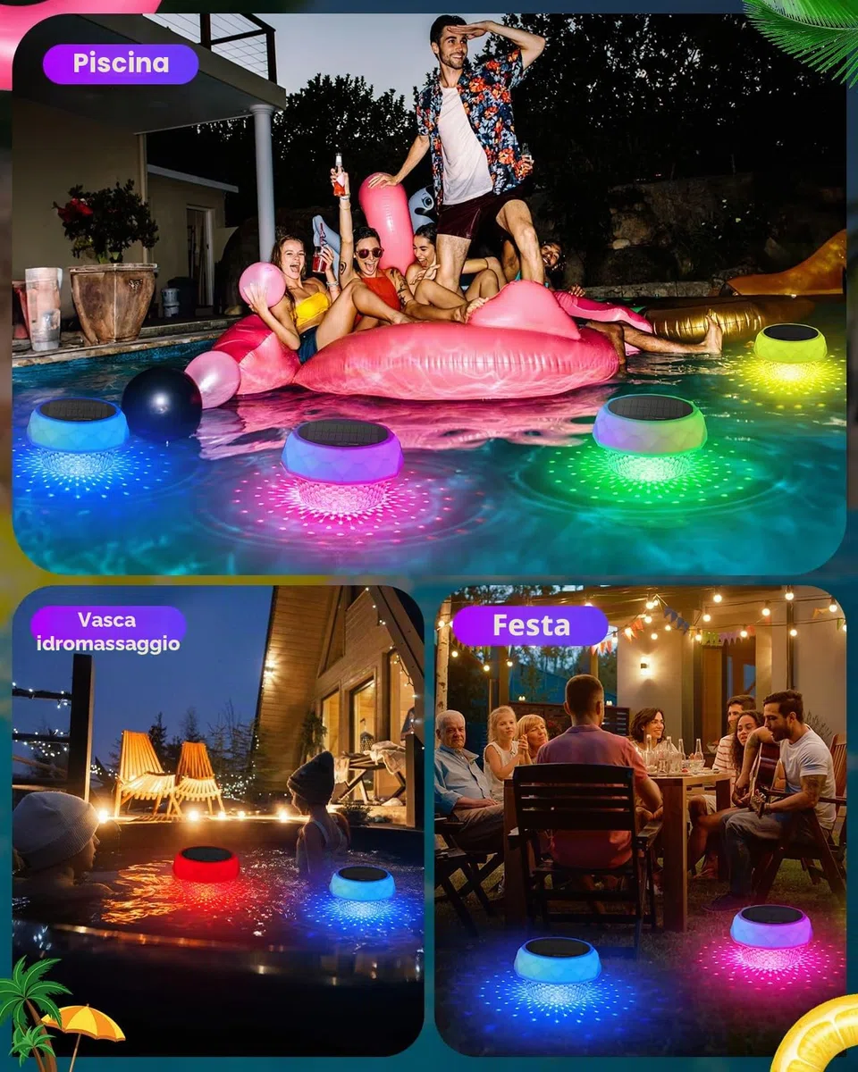 Luce per piscina solare – LED RGB con telecomando RF, contenitore per pastiglie di cloro, luce galleggiante impermeabile IP68 per piscina, giardino e decorazioni esterne