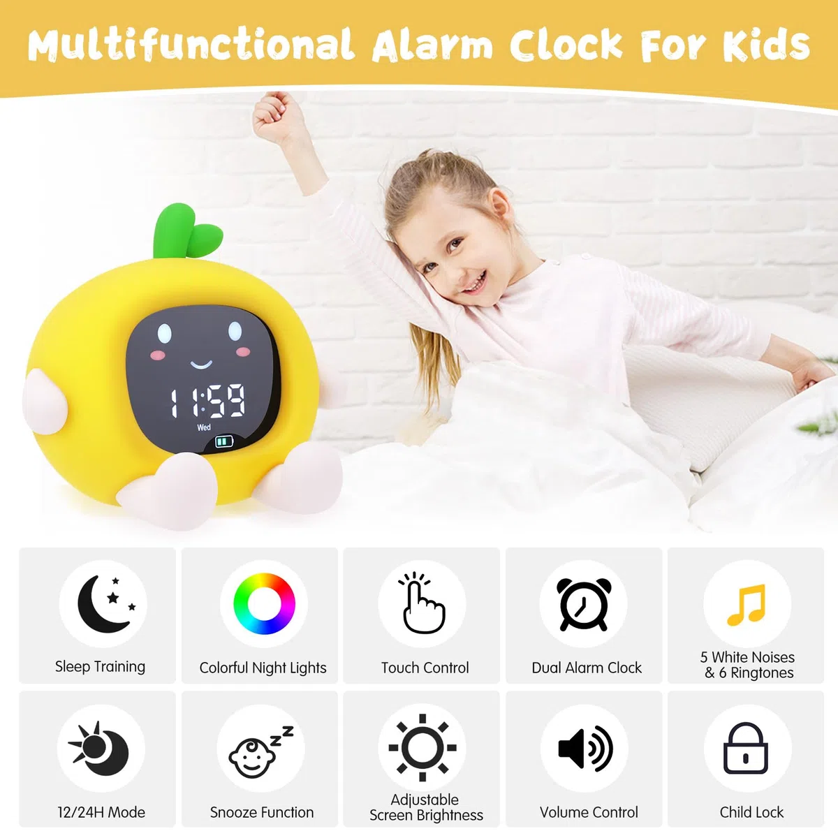 Sveglia Bambini Bambina Bambino Sveglie da Comodino Digitale LED Toddler Sleep Training Clock + Timer Trainer con Luce Notturna Ricaricabile Silicone Alarm Night Light Funzione Snooze Controllo Touch