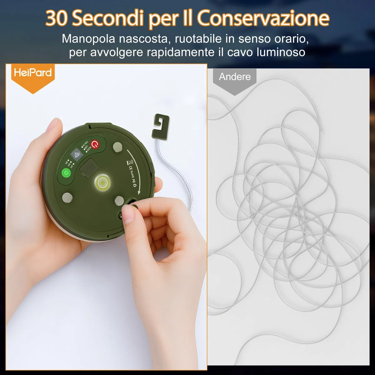 HeiPard Luci Catena Luminosa da Esterno da Campeggio Avvolgibile 10 M 100 LED, 8 Modalità, Timer, Portatile Impermeabile Luci LED da Esterno Ricaricabili USB per Campeggio, Esterni, Balcone, Giardino