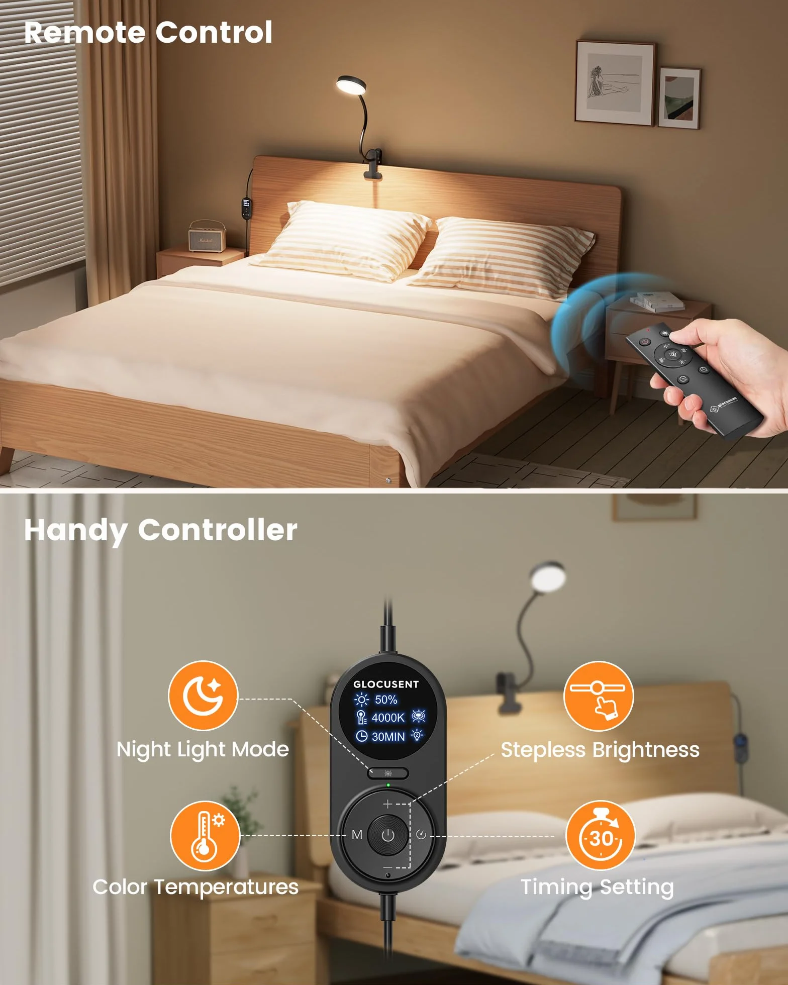 Glocusent Lampada da Lettura 72 LED, Luce da Lettura-3 Colore e 5 Luminosità, USB Lampada con Pinza con luce notturna ambra & timer 30/60 min (Nero con adattatore e telecomando)