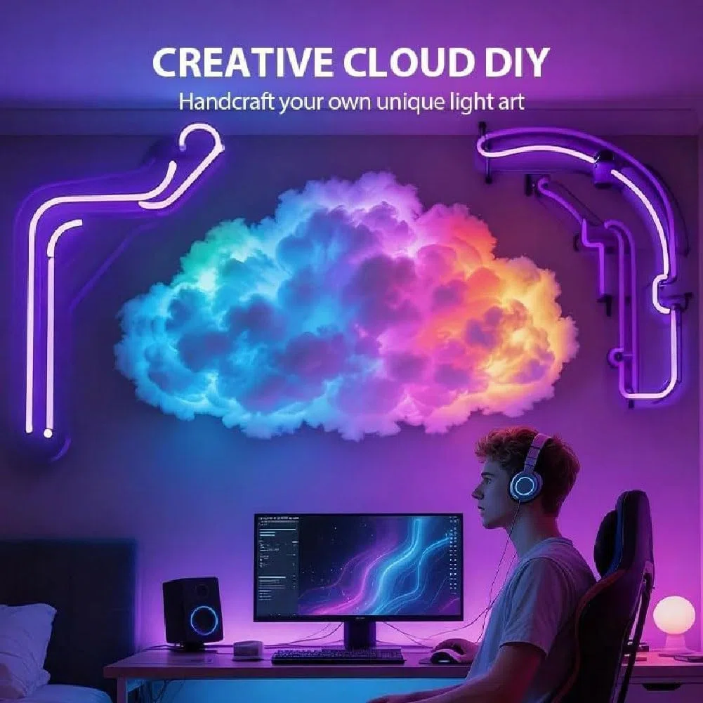 Decorazione LED a nuvola di tuono alimentata da USB fai da te, lampada LED a nuvole temporalesche RGB da 200/400/600/800 cm, kit di luci a nuvola grande 3D con fulmini per la decorazione della camera