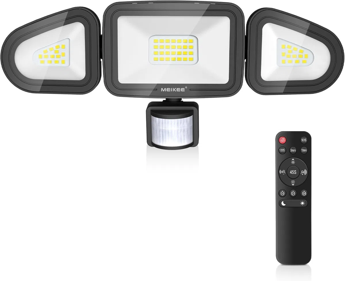 MEIKEE 42W Faretto con Sensore di Movimento 3600LM 6500K Bianca Fredda IP66 Impermeabile con Telecomando 10 Luminosità 4 Modalità 3 Timer Faro led da Esterno per Giardino Cortile Garage
