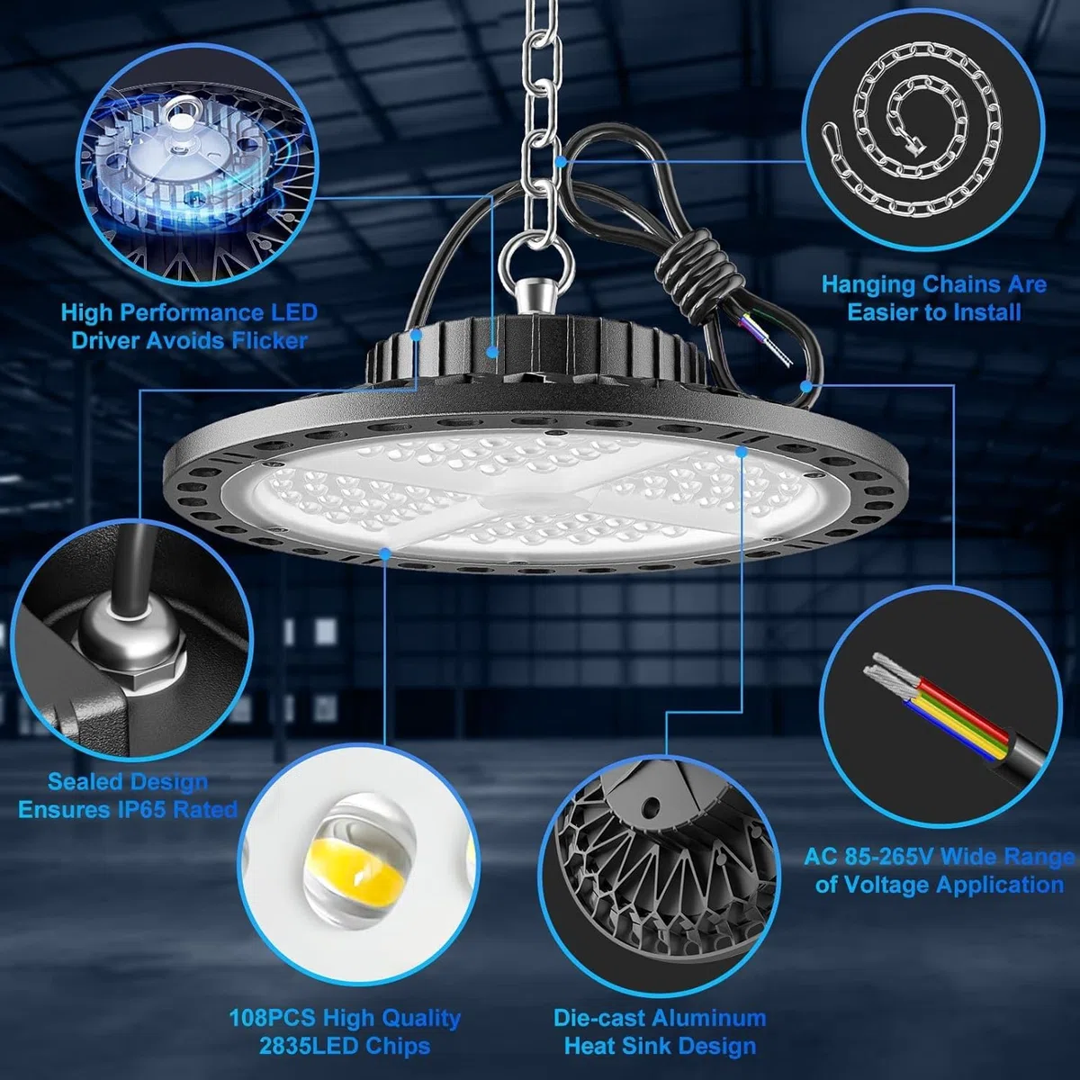 100W Faretto LED UFO, 15000LM UFO Lampada Officina 6500K Bianco Freddo Proiettori LED Esterno IP65 Wasserdichte LED Industrielampe High Bay Licht per Garage Magazzini Fabbrica